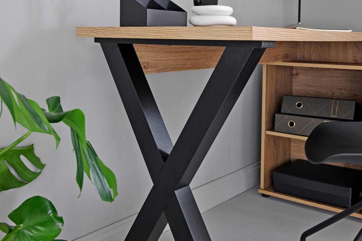 ECKSCHREIBTISCH 140/95/76 cm  in Eichefarben  - Eichefarben/Schwarz, Modern, Holzwerkstoff/Metall (140/95/76cm) - Livetastic