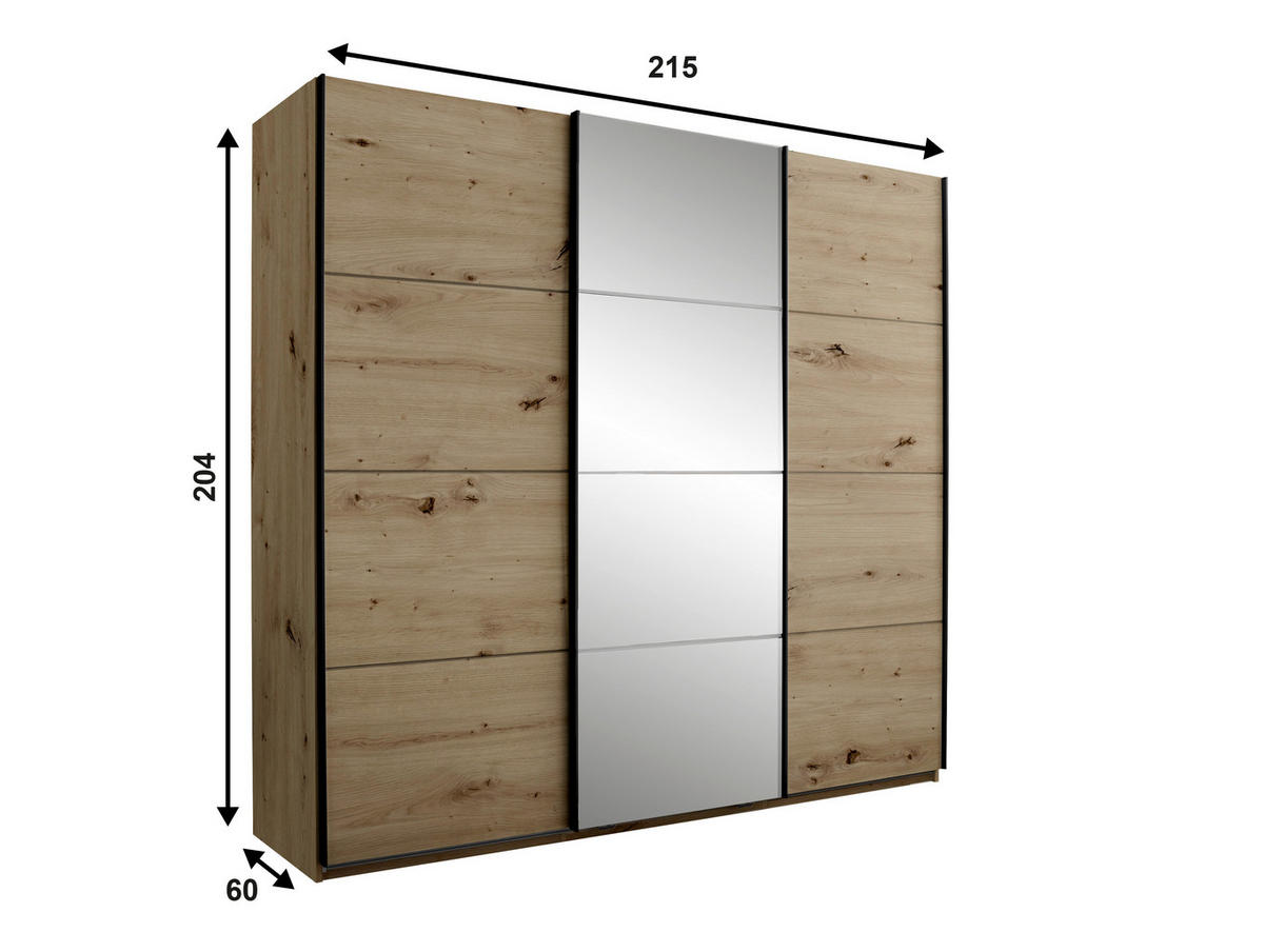 SCHWEBETÜRENSCHRANK 215/204/60 cm 3-türig Eiche Artisan  - Schwarz/Eiche Artisan, KONVENTIONELL, Glas/Holzwerkstoff (215/204/60cm) - Boxxx