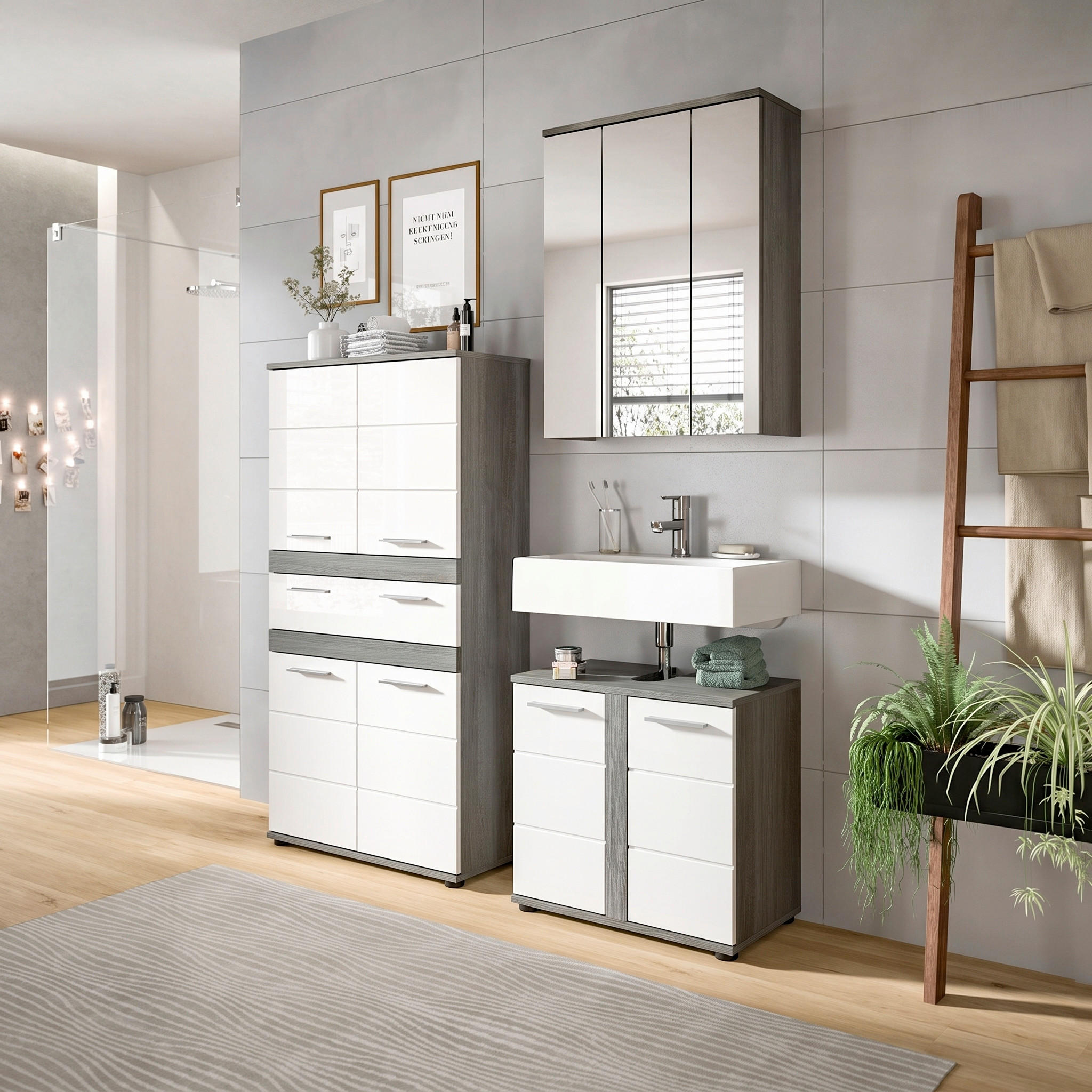 BADEZIMMER 3-teilig  in 145 cm  - Weiß Hochglanz/Silberfarben, Trend, Holzwerkstoff/Kunststoff (145cm) - MID.YOU