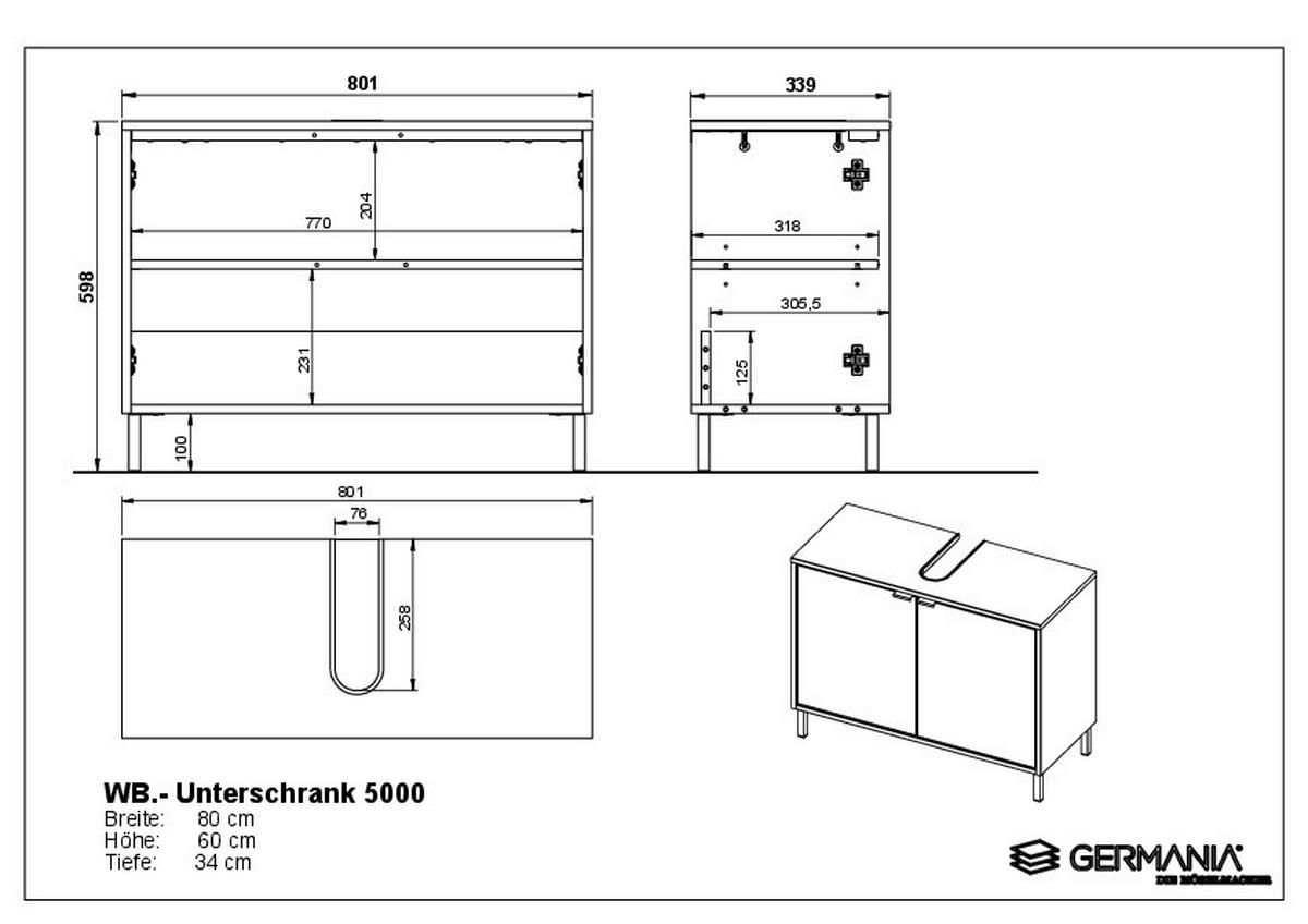 WASCHBECKENUNTERSCHRANK 80/60/35 cm  - Eichefarben/Weiß, MODERN, Holzwerkstoff/Metall (80/60/35cm) - Germania