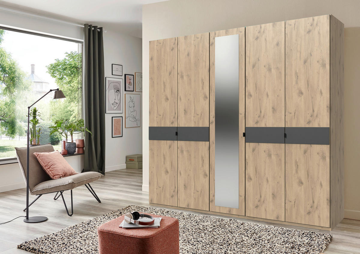 DREHTÜRENSCHRANK 225/208/58 cm,  in Graphitfarben, Eichefarben, 5 Tür(en)-türig  - Eichefarben/Graphitfarben, KONVENTIONELL, Glas/Holzwerkstoff (225/208/58cm) - Boxxx