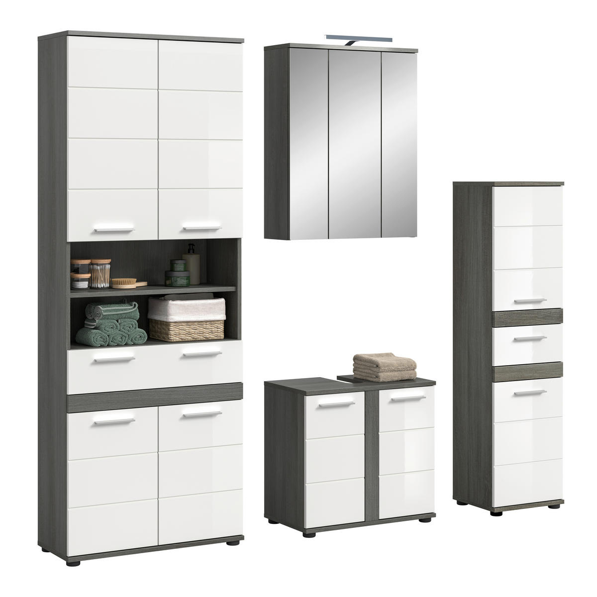 BADEZIMMER 5-teilig  in 195 cm  - Weiß Hochglanz/Silberfarben, Trend, Glas/Holzwerkstoff (195cm) - MID.YOU