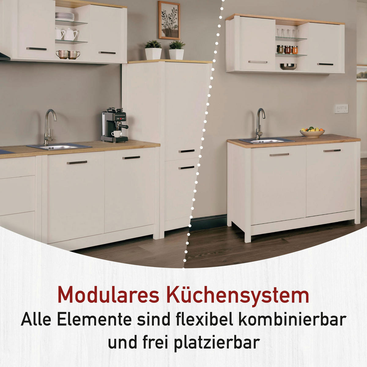 KÜCHENLEERBLOCK 200 cm   in Kaschmir, Eiche Artisan  - Kaschmir/Silberfarben, MODERN, Glas/Holzwerkstoff (200cm) - home24