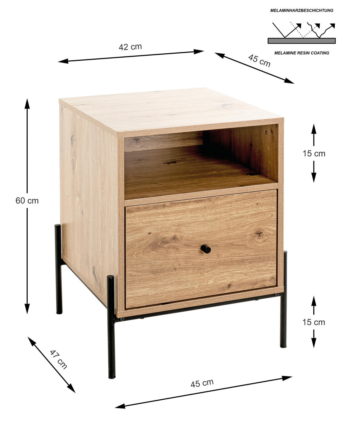 NACHTSCHRANK 45/60/47 cm  - Eichefarben/Schwarz, Design, Holzwerkstoff/Metall (45/60/47cm)