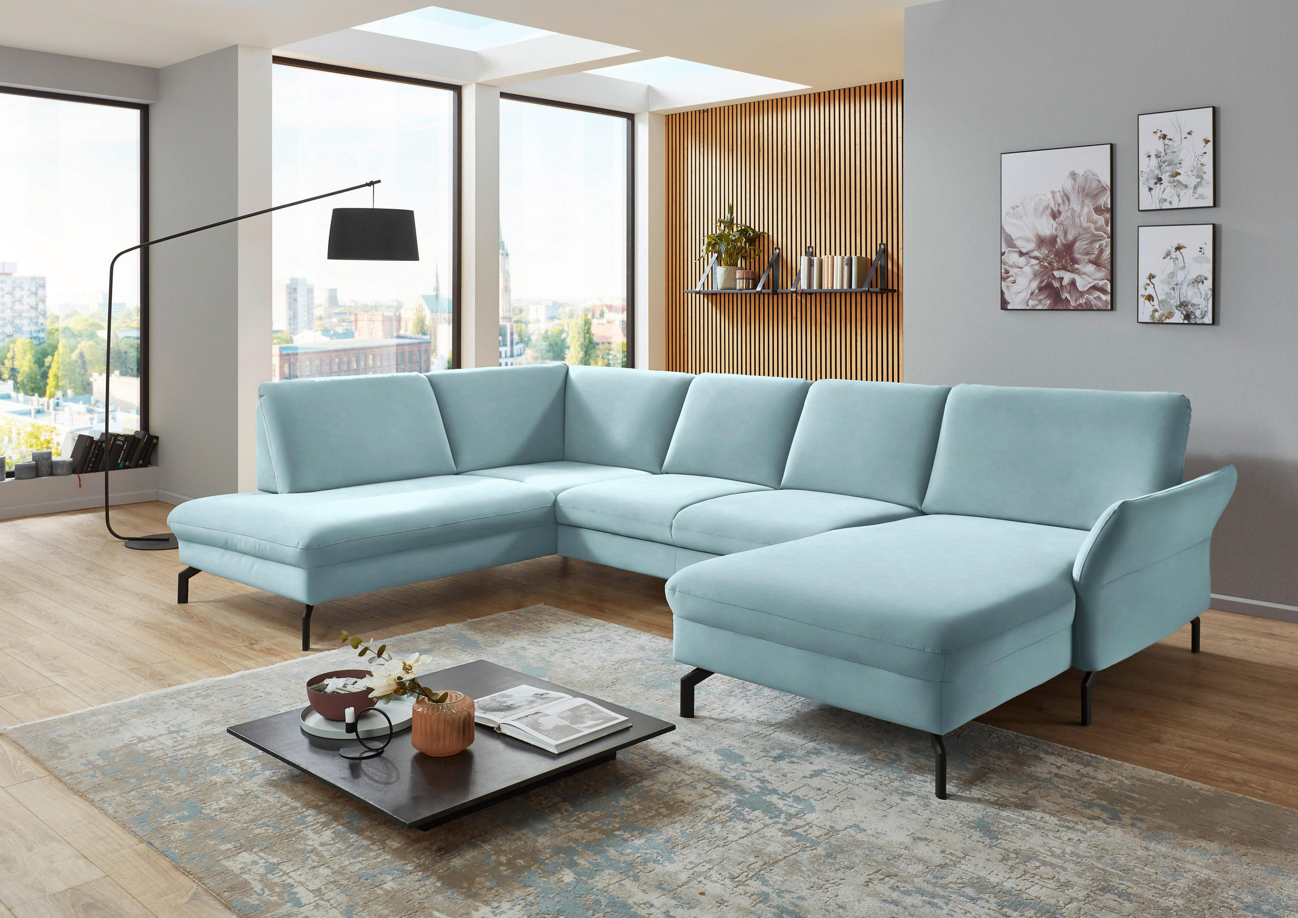 WOHNLANDSCHAFT in Velours Blau  - Blau/Schwarz, Design, Textil/Metall (220/335/179cm) - Beldomo System