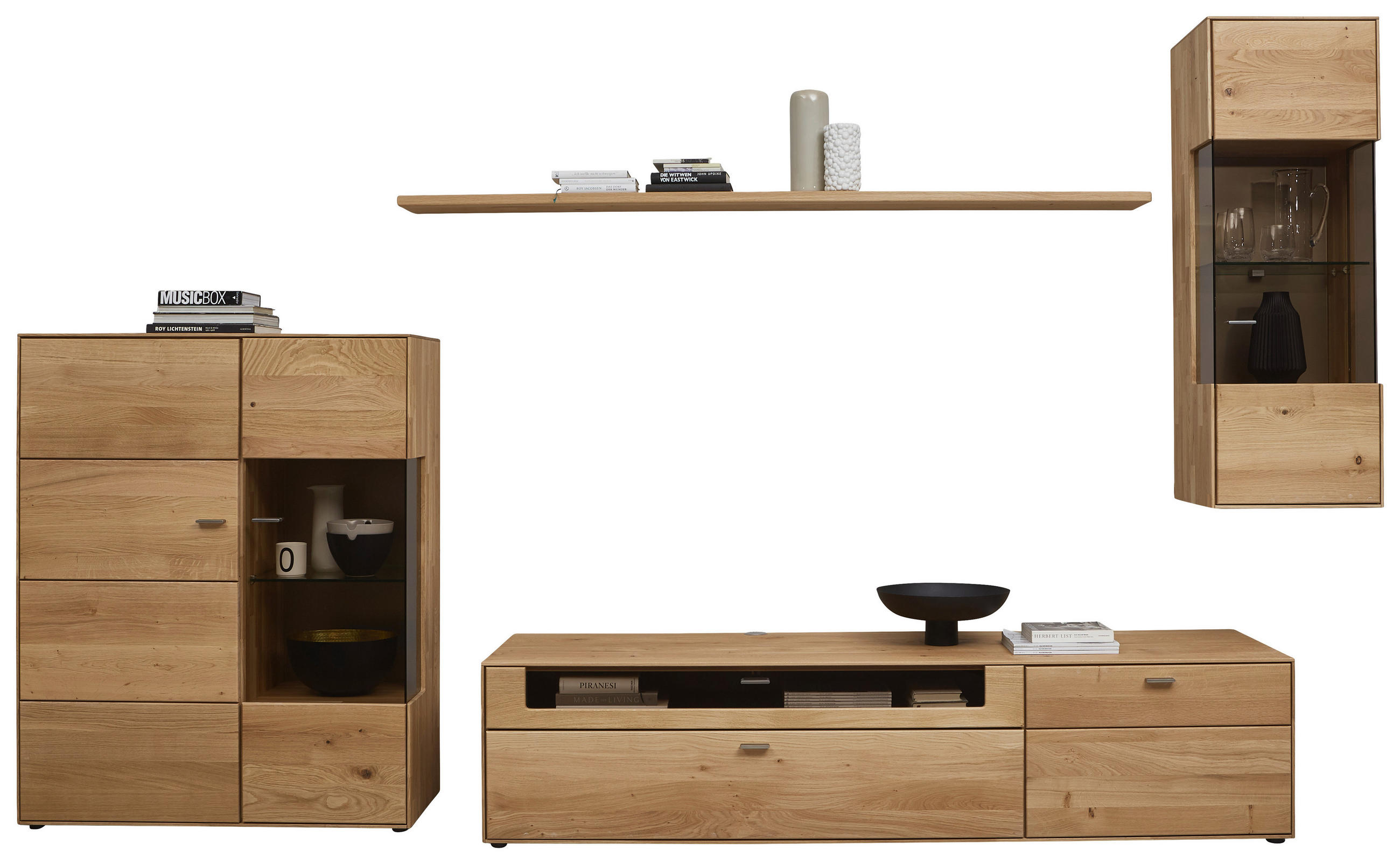 WOHNWAND  in Eichefarben  332,7/202,4/54,5 cm  - Edelstahlfarben/Eichefarben, KONVENTIONELL, Glas/Holz (332,7/202,4/54,5cm) - Valnatura