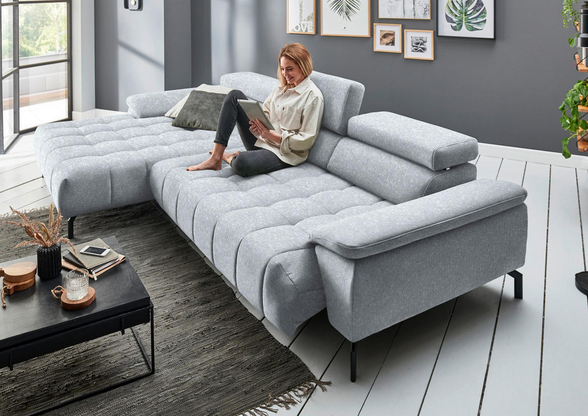 ECKSOFA in Chenille Hellgrau  190/329 cm  - Hellgrau/Schwarz, Design, Textil/Metall (190/329cm) - Beldomo Style