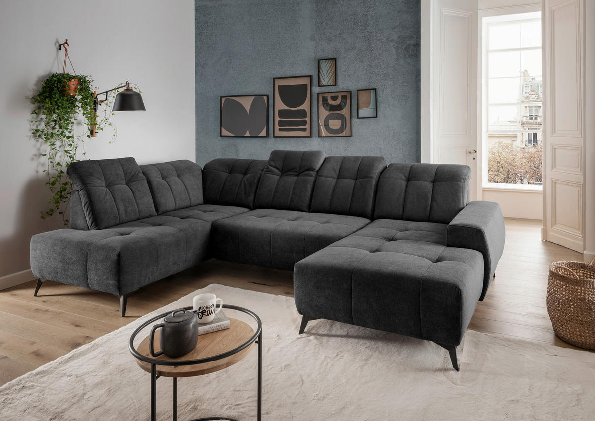 WOHNLANDSCHAFT SANO Anthrazit Chenille  - Anthrazit/Schwarz, MODERN, Textil/Metall (200/337/180cm) - Livetastic