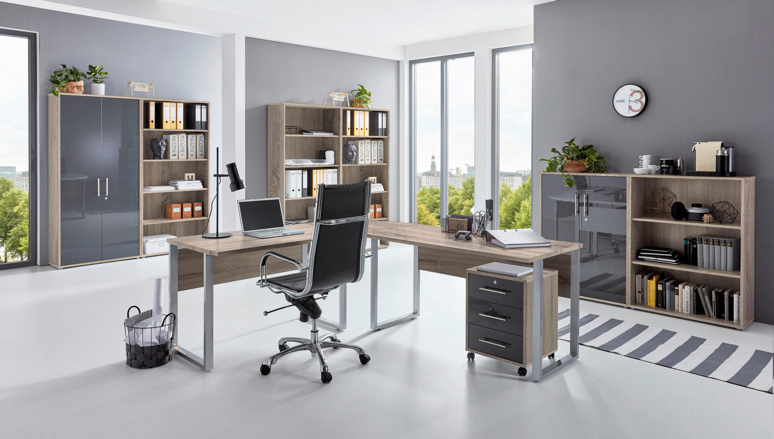 BÜRO in verschiedenen Holz-Dekoren erhältlich, Schreibtisch seitenverkehrt montierbar, abschließbar Sonoma Eiche, Anthrazit Hochglanz - Anthrazit Hochglanz/Sonoma Eiche, MODERN, Holzwerkstoff - MID.YOU