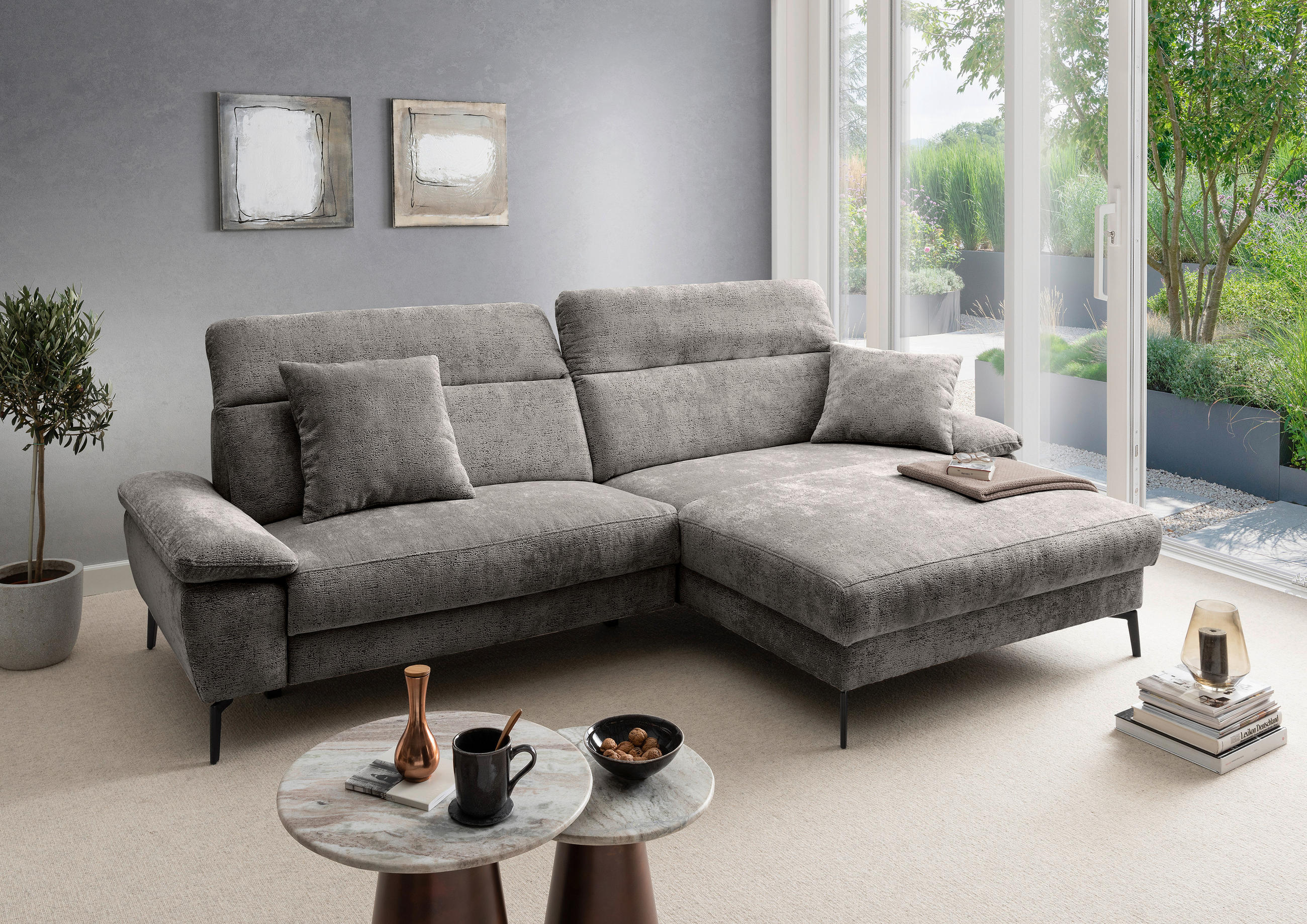 ECKSOFA CANCELLI Anthrazit Chenille Zierkissen, Relaxfunktion  - Anthrazit/Schwarz, KONVENTIONELL, Textil/Metall (300/178cm) - Livetastic