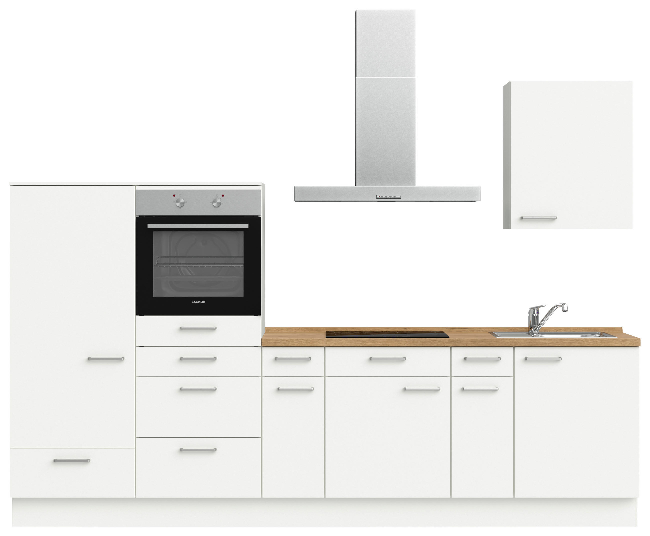 KÜCHENLEERBLOCK 300 cm   in Weiß, Eichefarben  - Edelstahlfarben/Eichefarben, MODERN, Holzwerkstoff/Metall (300cm) - Nobilia