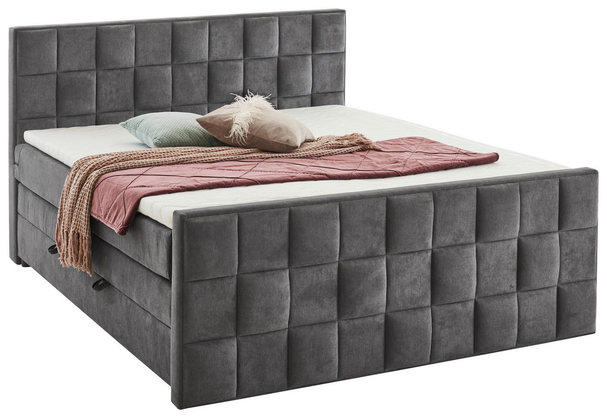 BOXSPRINGBETT 180/200 cm,  in Grau, gepolstertes Kopfteil, Bettkasten, Topper, H2 + H3 = mittel + fest  - Grau, MODERN, Kunststoff/Textil (180/200cm) - MID.YOU