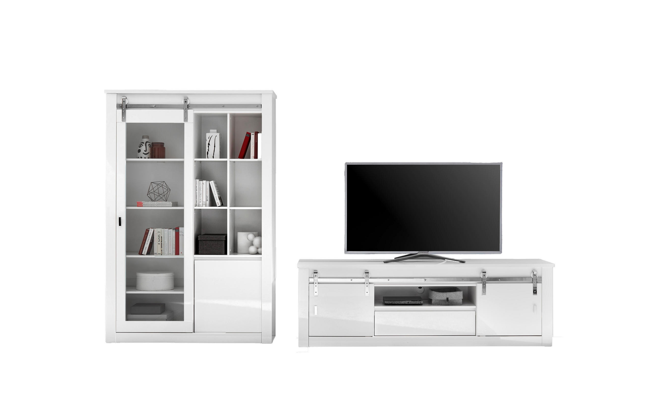 WOHNWAND 2-teilig  in Weiß, Weiß Hochglanz  349/200/43 cm  - Chromfarben/Weiß Hochglanz, Design, Holzwerkstoff/Metall (349/200/43cm) - Livetastic