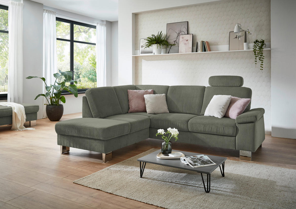 ECKSOFA in Cord Olivgrün  - Edelstahlfarben/Olivgrün, Konventionell, Textil/Metall (200/248cm) - Beldomo System