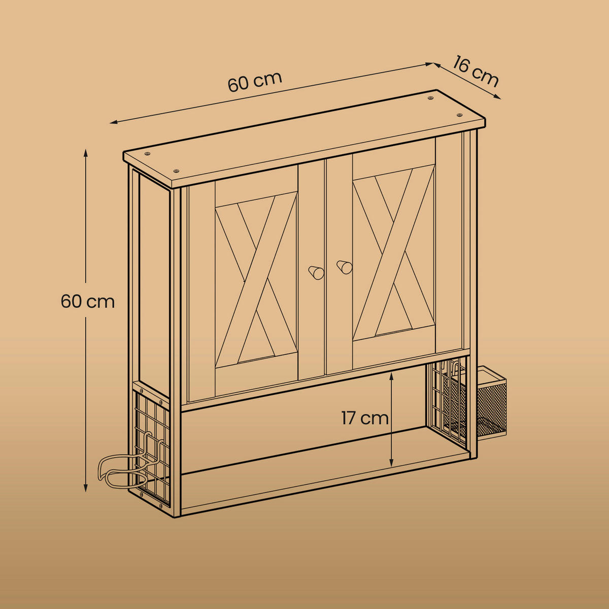 HÄNGESCHRANK 60/60/16 cm  - Schwarz/Braun, MODERN, Holzwerkstoff/Metall (60/60/16cm) - MID.YOU
