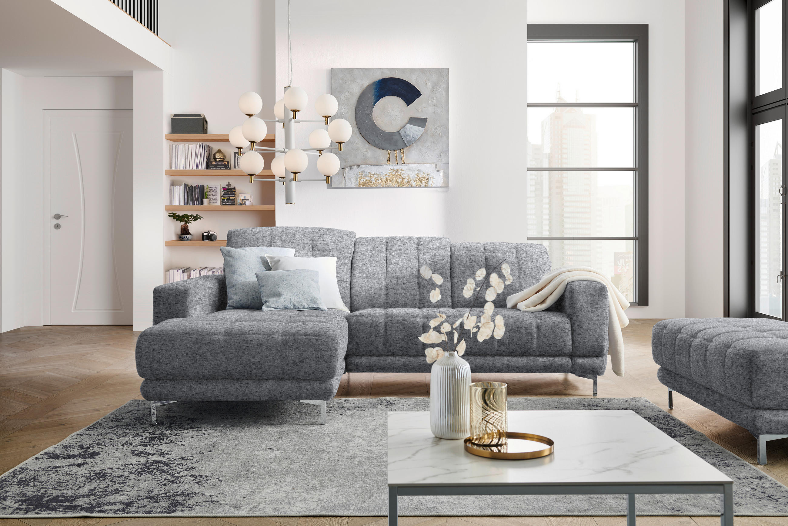 ECKSOFA in Webstoff Grau  - Chromfarben/Grau, Design, Textil/Metall (187/260cm) - Xora