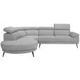 ECKSOFA Hellgrau Velours Kopfteilverstellung  - Hellgrau/Schwarz, Design, Textil/Metall (264/299cm) - Novel