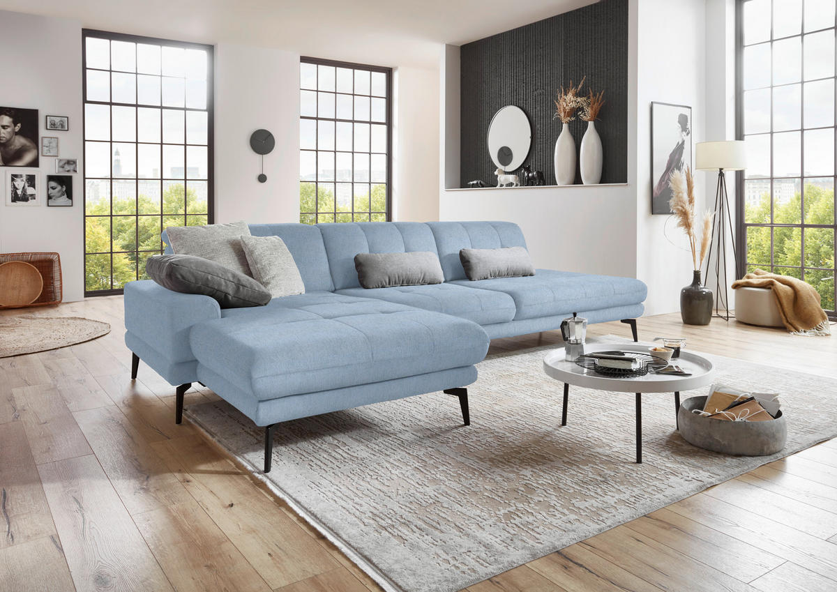 ECKSOFA in Flachgewebe Hellblau  - Schwarz/Hellblau, Design, Textil/Metall (190/309cm) - Beldomo Style