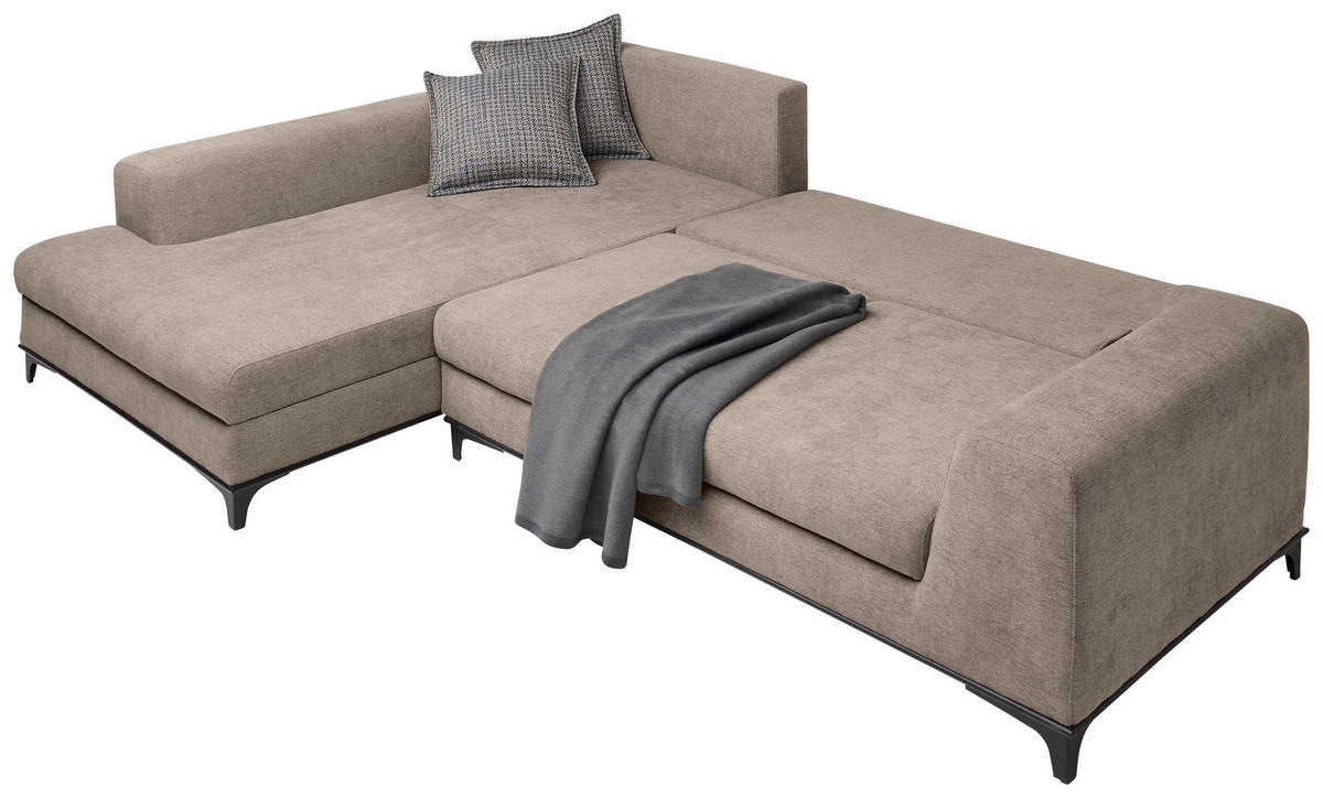 ECKSOFA inkl. Funktionen Greige Webstoff  inkl. Rückenkissen, Bettkasten, Schlaffunktion, Rücken echt  - Wengefarben/Greige, Design, Holz/Textil (211/314cm) - Stylife