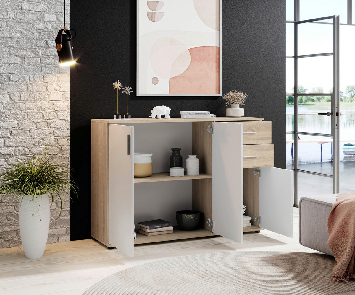 KOMODA, bela, hrast sonoma  - srebrne barve/bela, Design, umetna masa/leseni material (120/84/35cm) - Boxxx