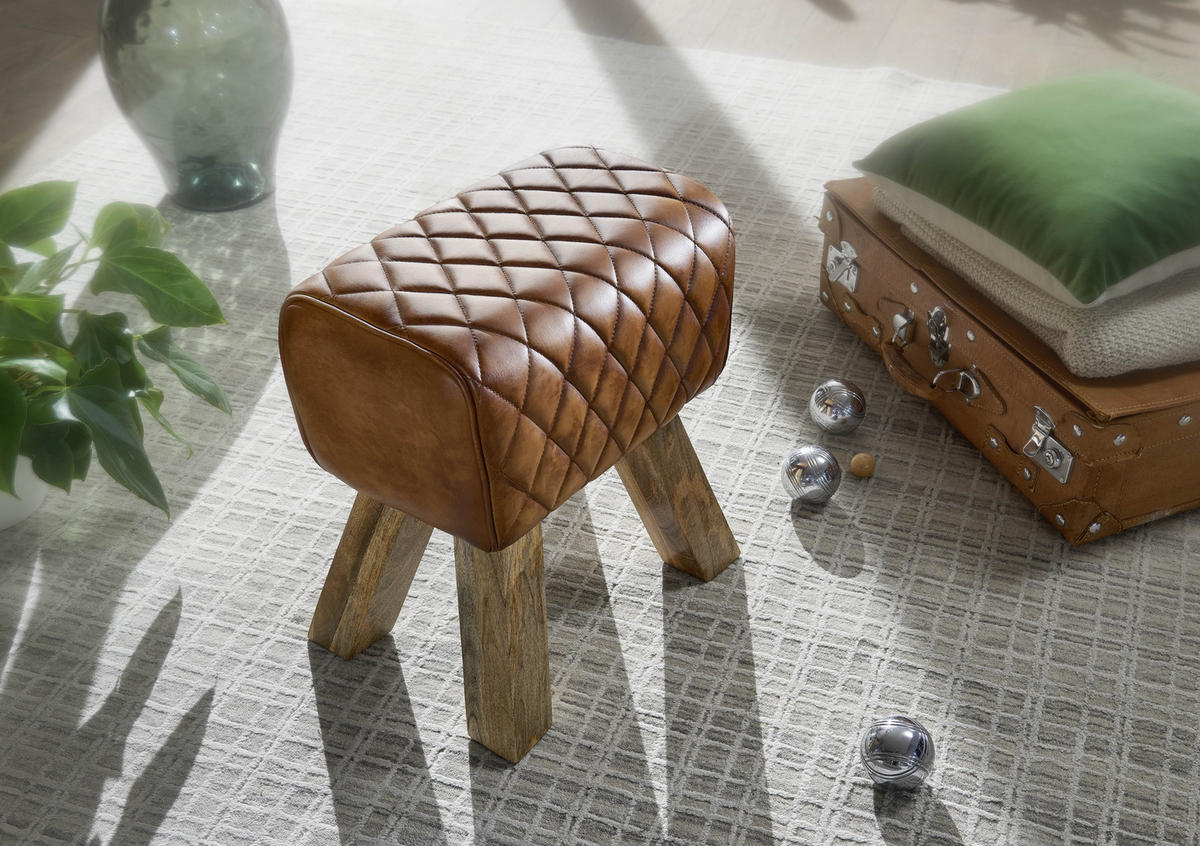 HOCKER Echtleder Braun  - Naturfarben/Braun, MODERN, Leder/Holz (40/48/27cm) - MID.YOU