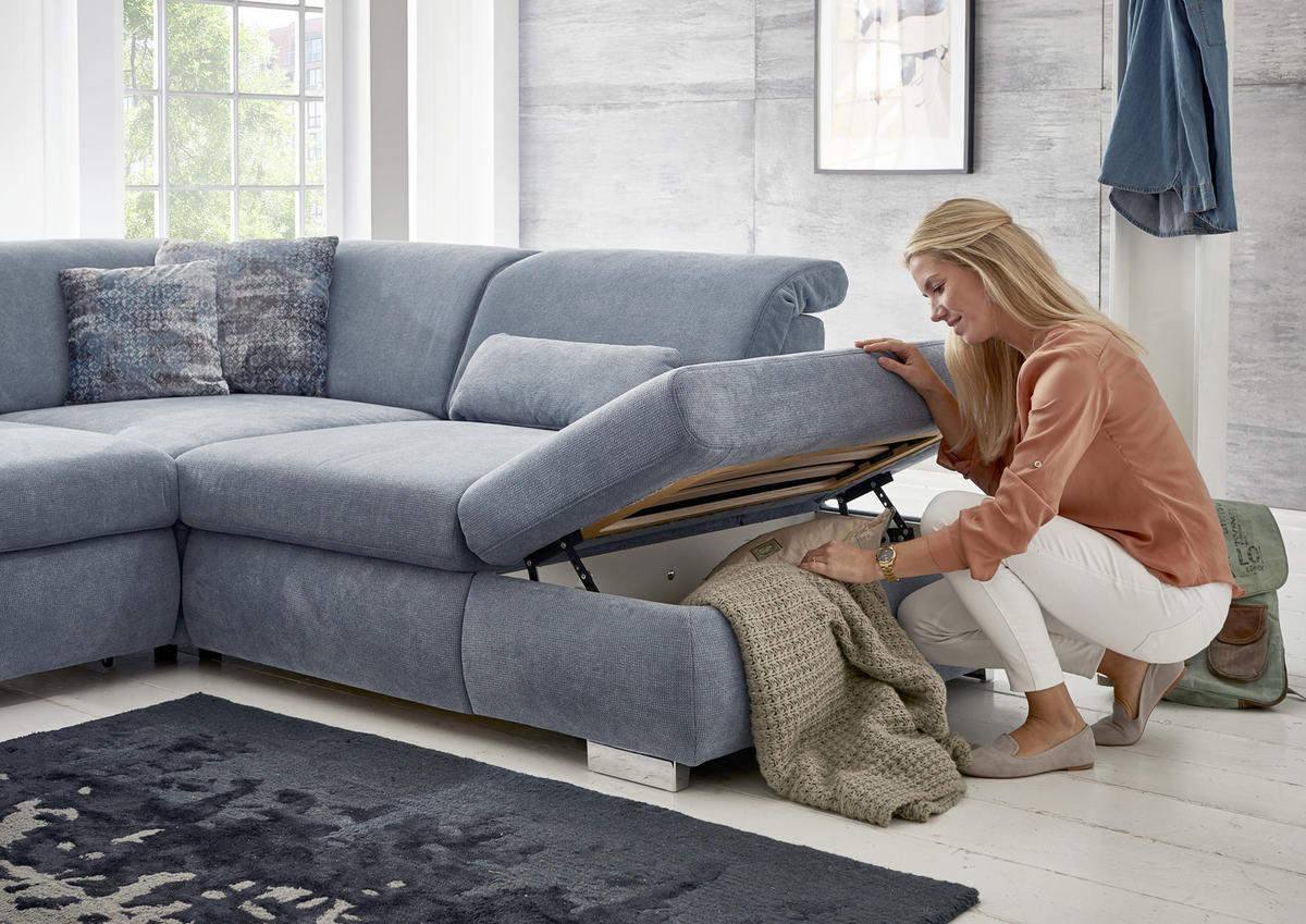ECKSOFA in Flachgewebe Hellblau  - Chromfarben/Hellblau, Design, Textil/Metall (301/260cm) - Beldomo Style