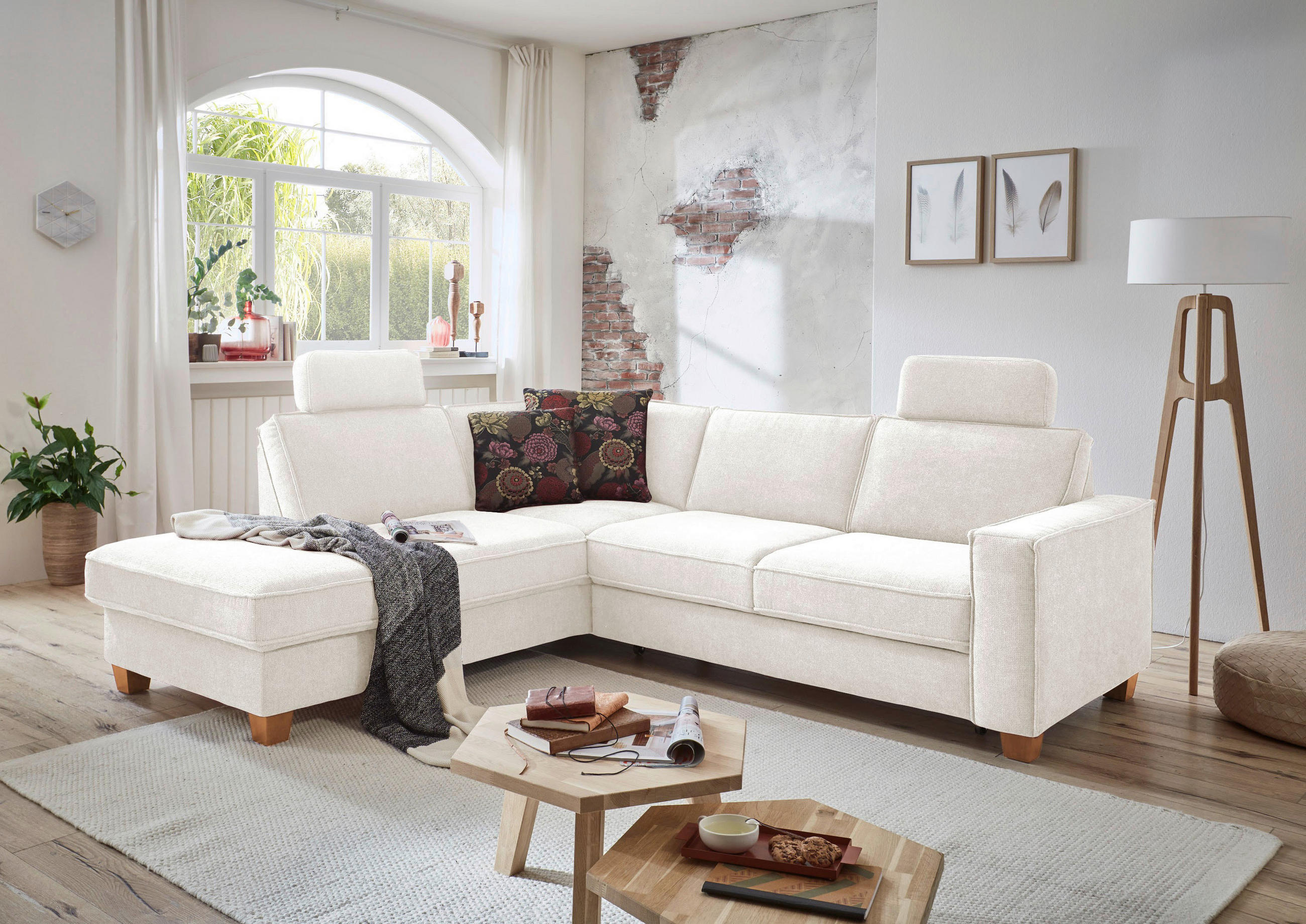 ECKSOFA Creme Flachgewebe  - Eichefarben/Creme, KONVENTIONELL, Holz/Textil (213/236cm) - Sit & More