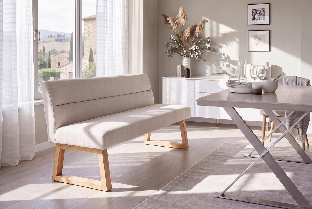 SITZBANK 160/82/61 cm Leinenoptik Eichefarben, Beige Eiche massiv  - Eichefarben/Beige, MODERN, Holz/Textil (160/82/61cm) - Livetastic