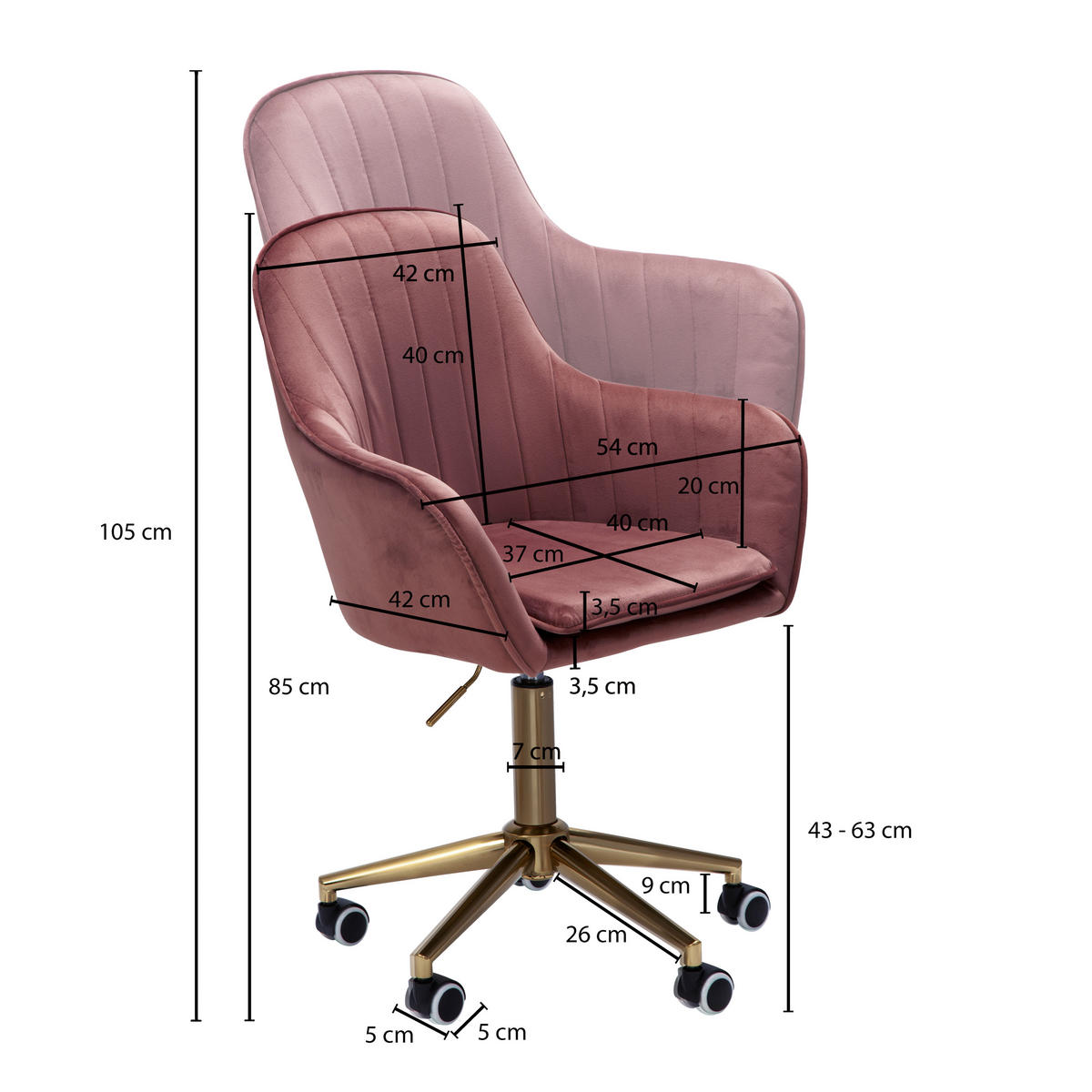 DREHSTUHL Samt Rosa  - Goldfarben/Rosa, KONVENTIONELL, Kunststoff/Textil (54/105/52cm) - MID.YOU