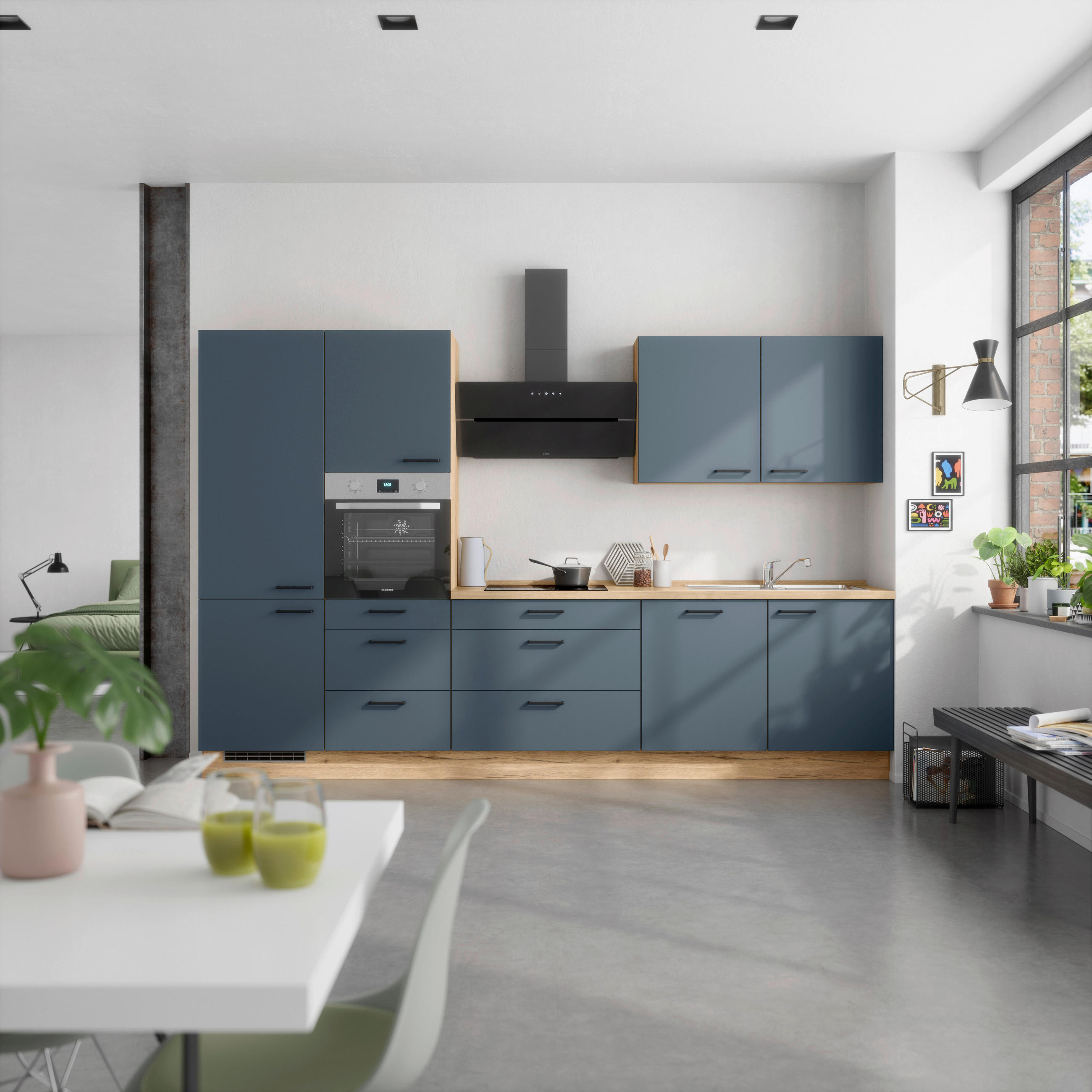 KÜCHENBLOCK 330 cm   in Eichefarben, Dunkelblau  - Eichefarben/Schwarz, MODERN, Holzwerkstoff/Metall (330cm) - Nobilia