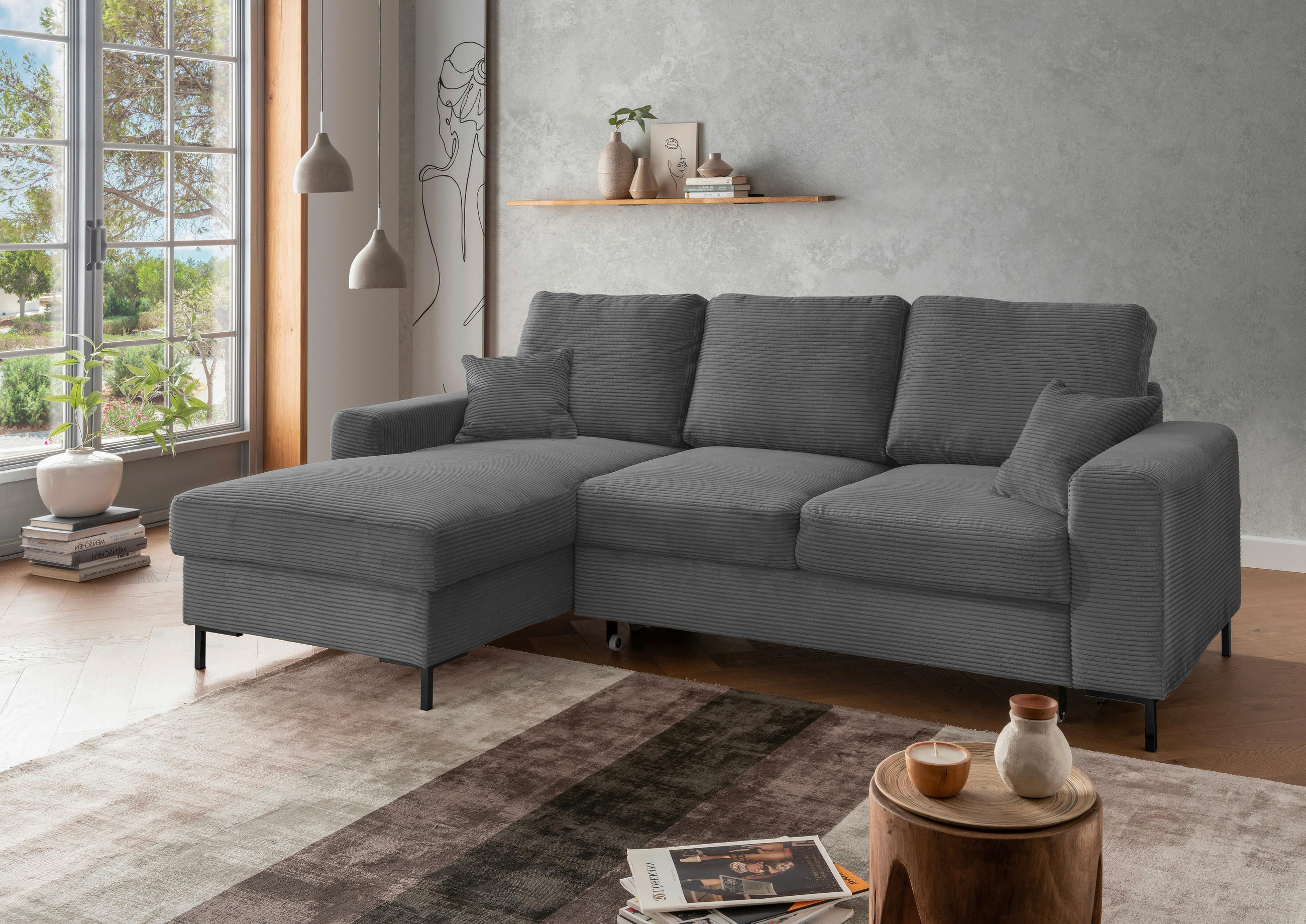 ECKSCHLAFSOFA  mit Rücken echt Cord Grau  - Schwarz/Grau, KONVENTIONELL, Textil/Metall (143/237cm) - Livetastic