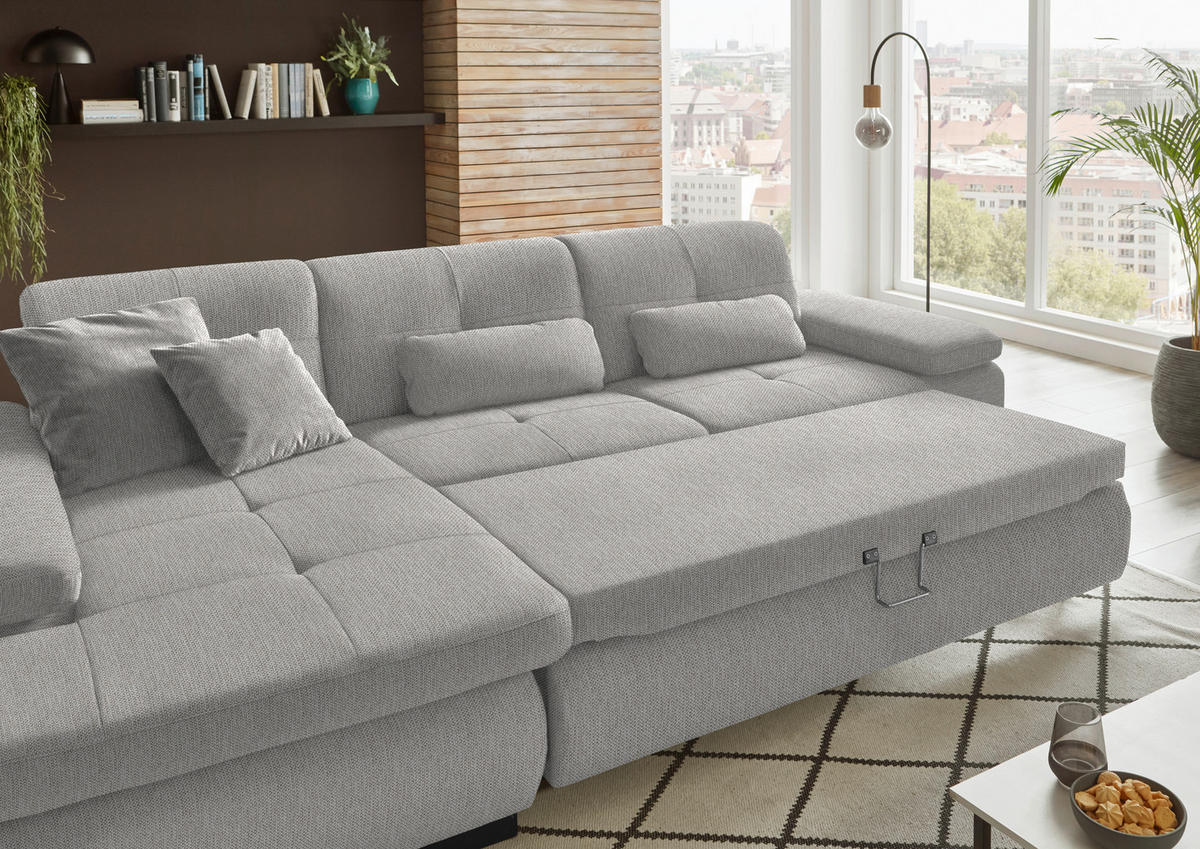 ECKSOFA in Flachgewebe Grau, Hellgrün  - Schwarz/Hellgrün, Design, Textil/Metall (174/297cm) - Beldomo Style