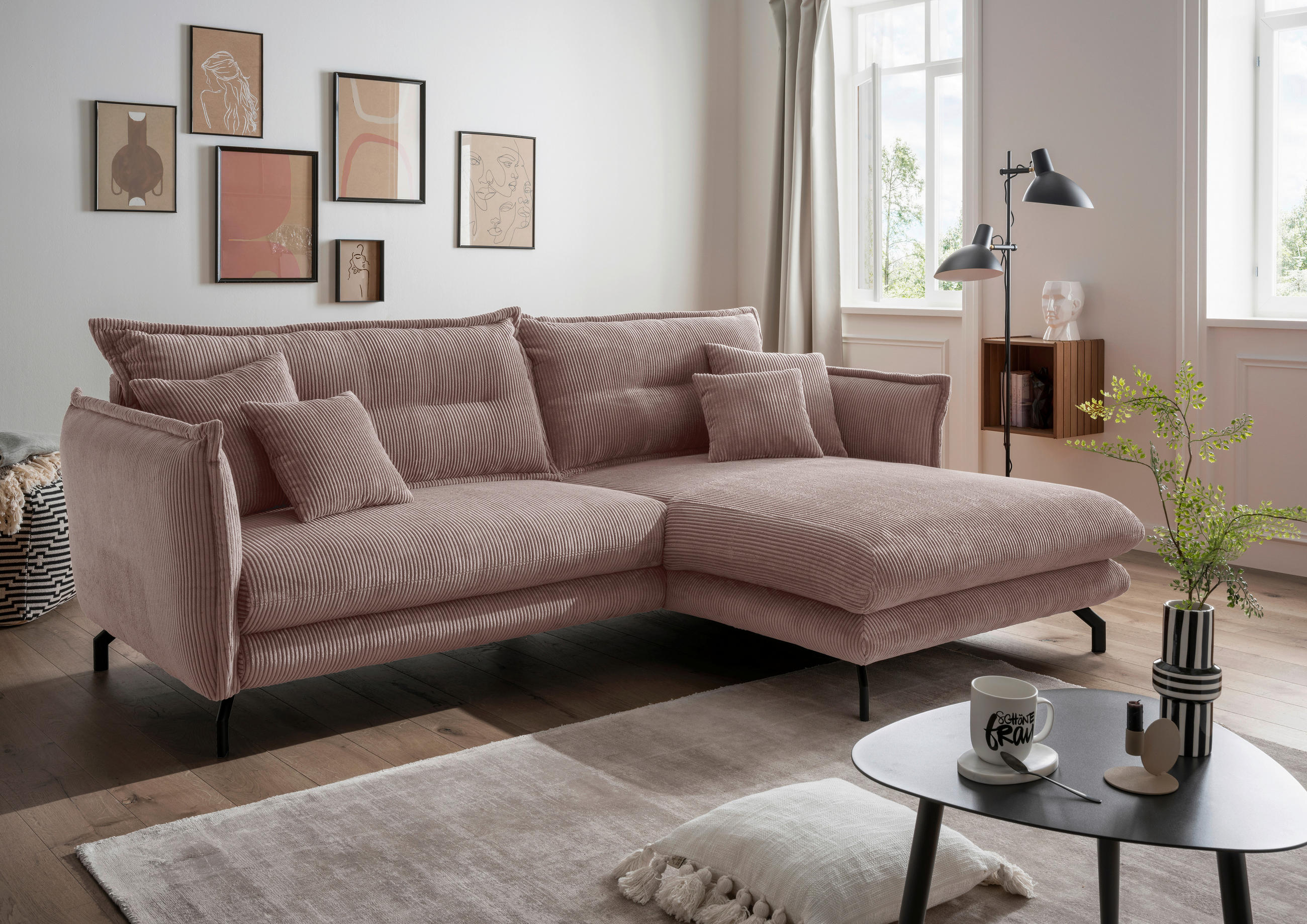 ECKSOFA Rosa Cord  - Schwarz/Rosa, MODERN, Textil/Metall (255/180cm) - Livetastic