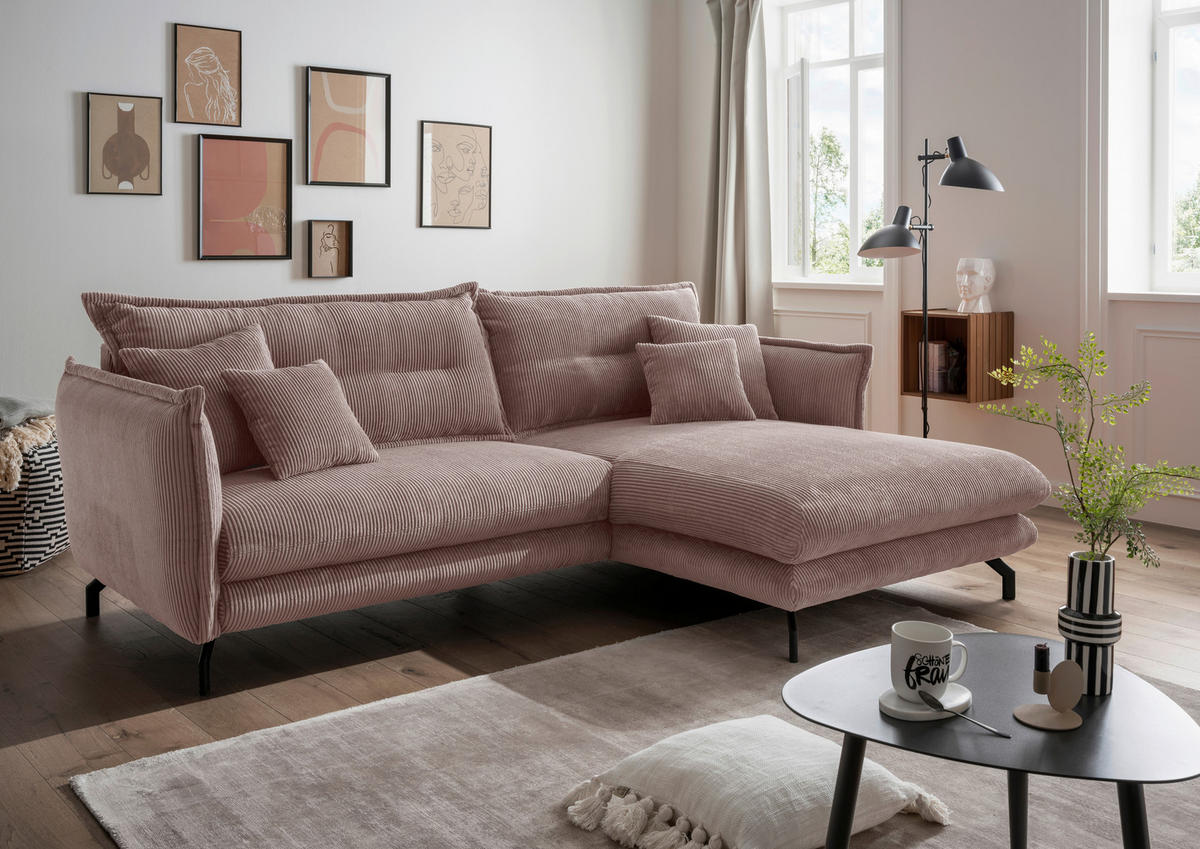 ECKSOFA in Cord Rosa  - Schwarz/Rosa, Modern, Textil/Metall (255/180cm) - Livetastic