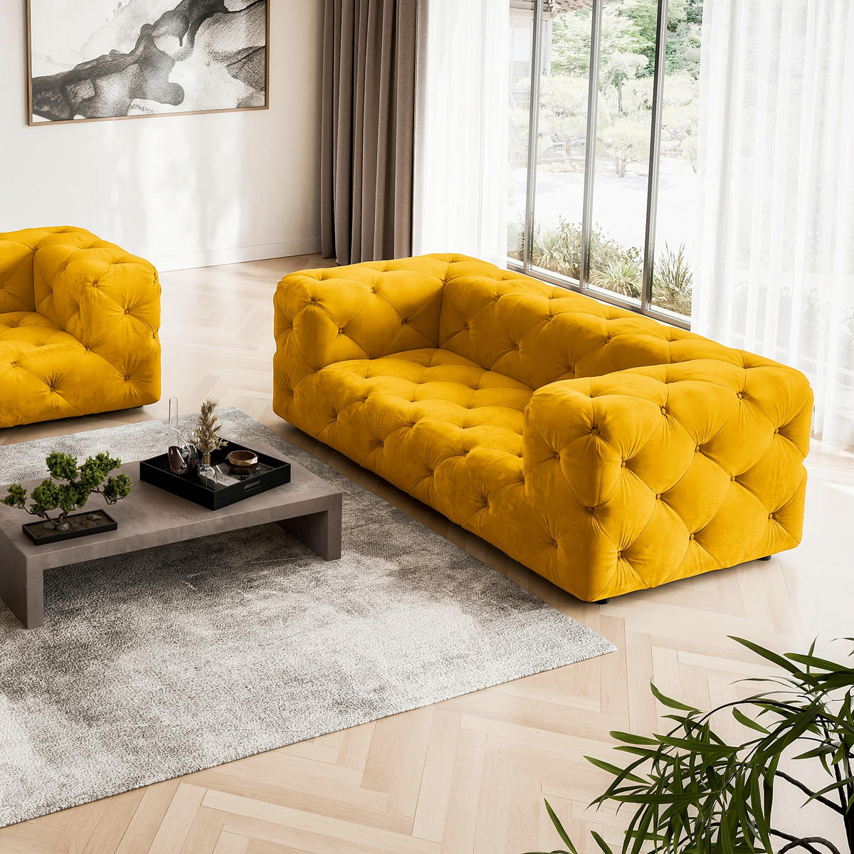2-SITZER-SOFA Fresco in Samt Senfgelb  - Senfgelb/Schwarz, Design, Kunststoff/Textil (193/71/100cm) - P & B