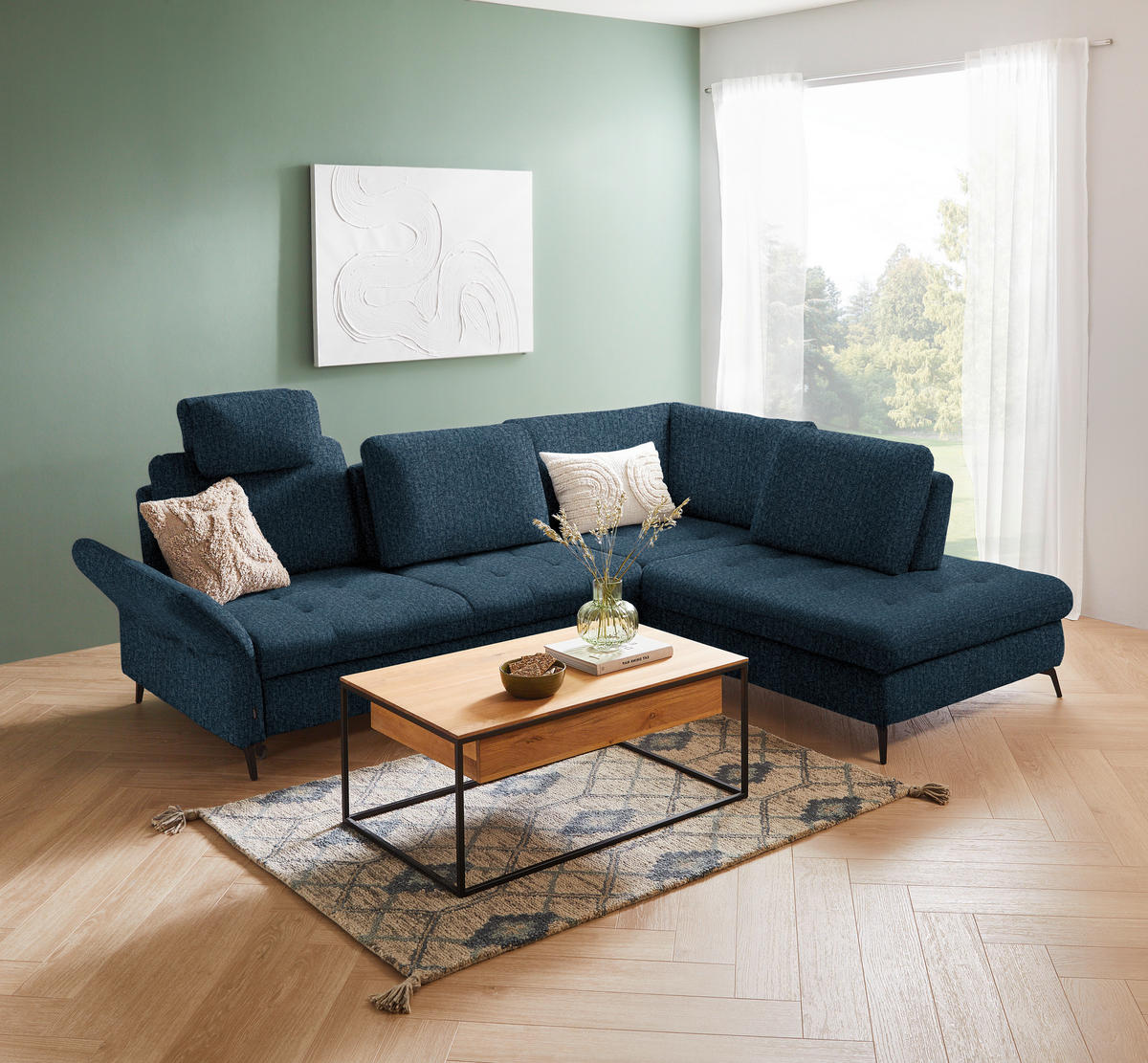 ECKSOFA in Struktur Blau  - Blau/Schwarz, Natur, Textil/Metall (288/233cm) - Valnatura