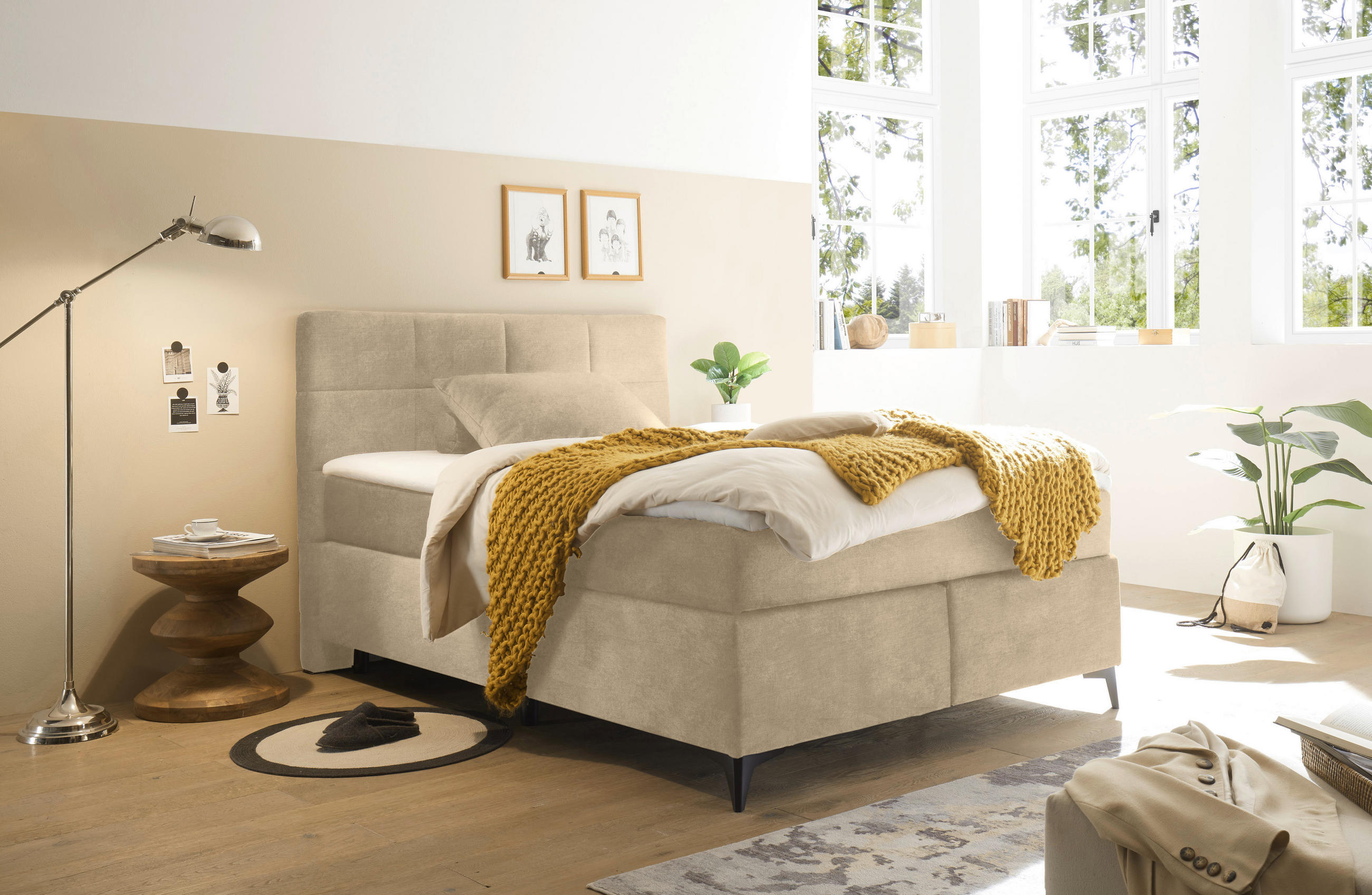 BOXSPRINGBETT 140/200 cm  in Creme  - Creme/Schwarz, Design, Holzwerkstoff/Kunststoff (140/200cm) - Xora