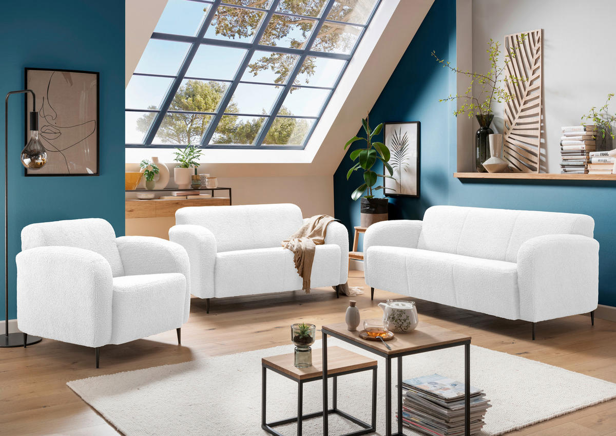 2-SITZER-SOFA in Teddystoff Weiss  - Weiss/Schwarz, Modern, Textil/Metall (140/76/90cm) - Livetastic