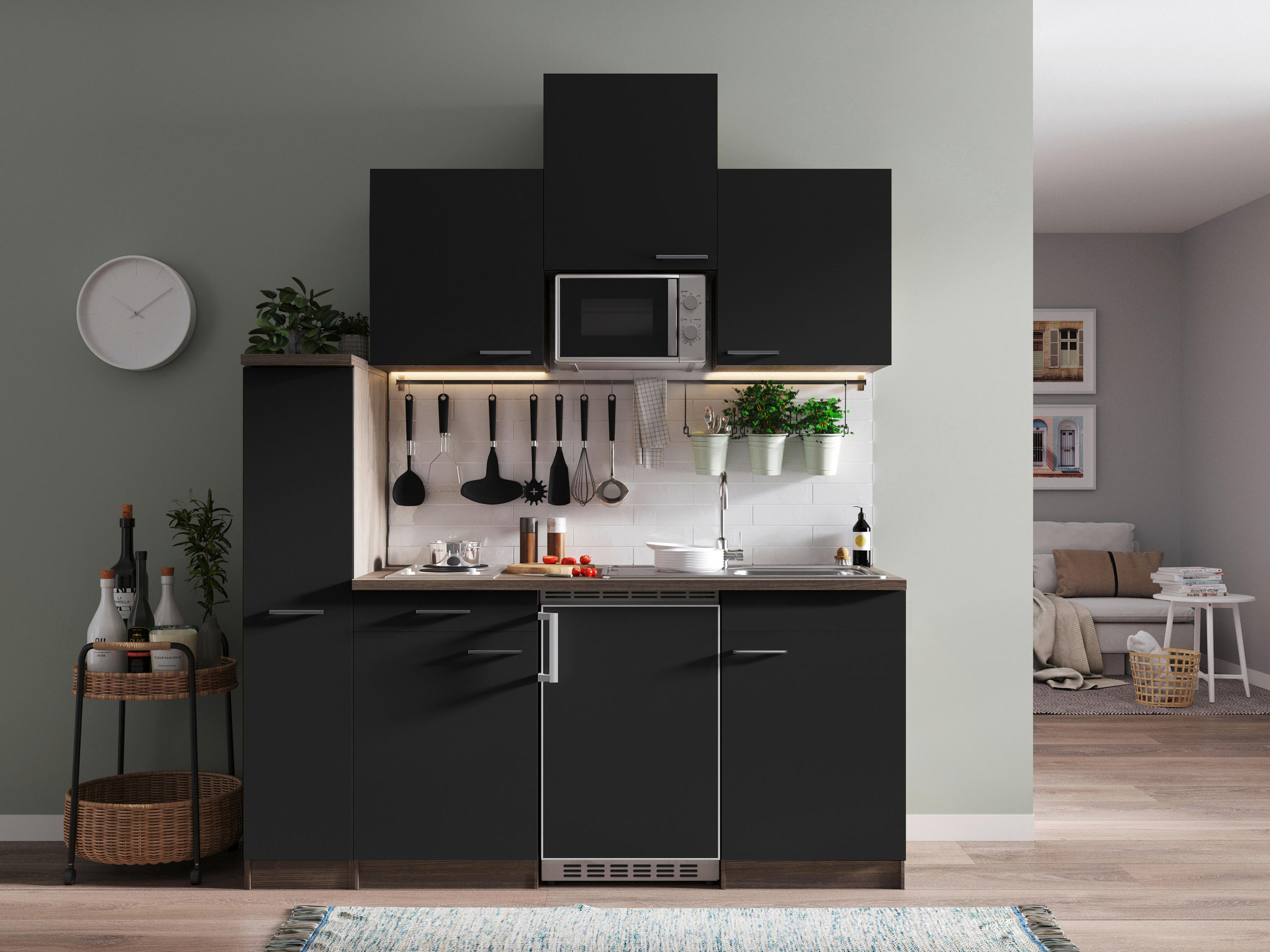KÜCHENBLOCK 180 cm   in Schwarz  - Eichefarben/Alufarben, Basics, Holzwerkstoff/Kunststoff (180cm) - Respekta
