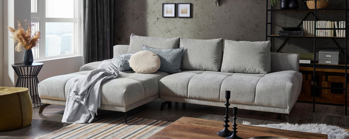 ECKSOFA in Chenille Grau  - Schwarz/Grau, Modern, Textil/Metall (182/290cm) - Hom`in