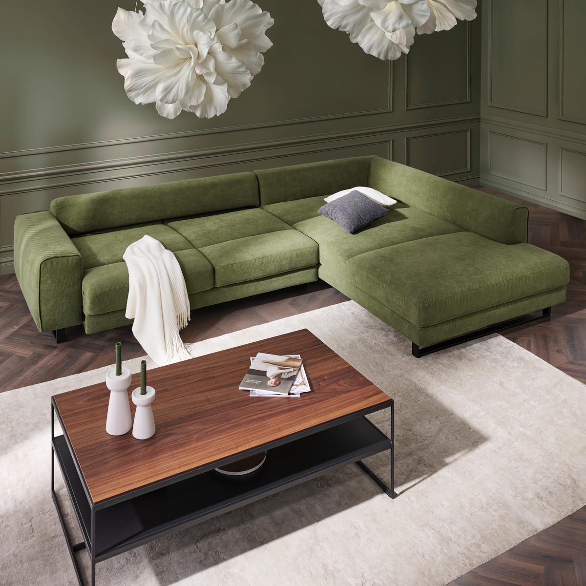 ECKSOFA Cord Olivgrün  - Schwarz/Olivgrün, Design, Textil/Metall (314/211cm) - Sedda