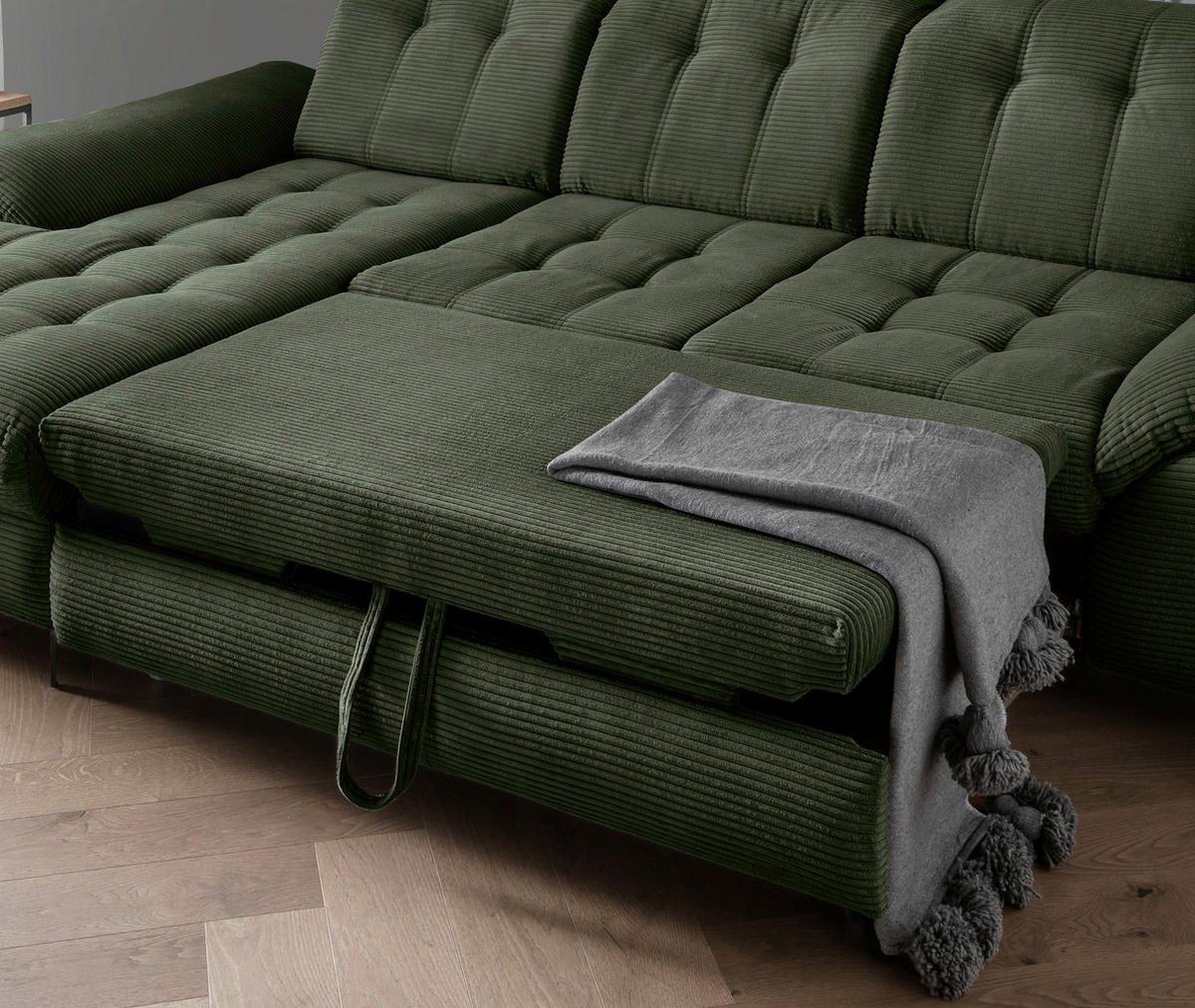 ECKSCHLAFSOFA  mit seitenverkehrt erhältlich, Rücken echt, Armteil links, Armteil rechts Cord Dunkelgrün  - Dunkelgrün/Schwarz, MODERN, Textil/Metall (189/273cm) - Livetastic