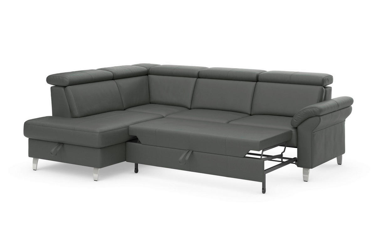 ECKSOFA 194/245 cm ARNGAST E in Echtleder Anthrazit Bettkasten, Kopfteilverstellung, Liegefläche im Originalstoff  194/245 cm  - Chromfarben/Anthrazit, Basics, Leder/Metall (194/245cm) - Sit & More