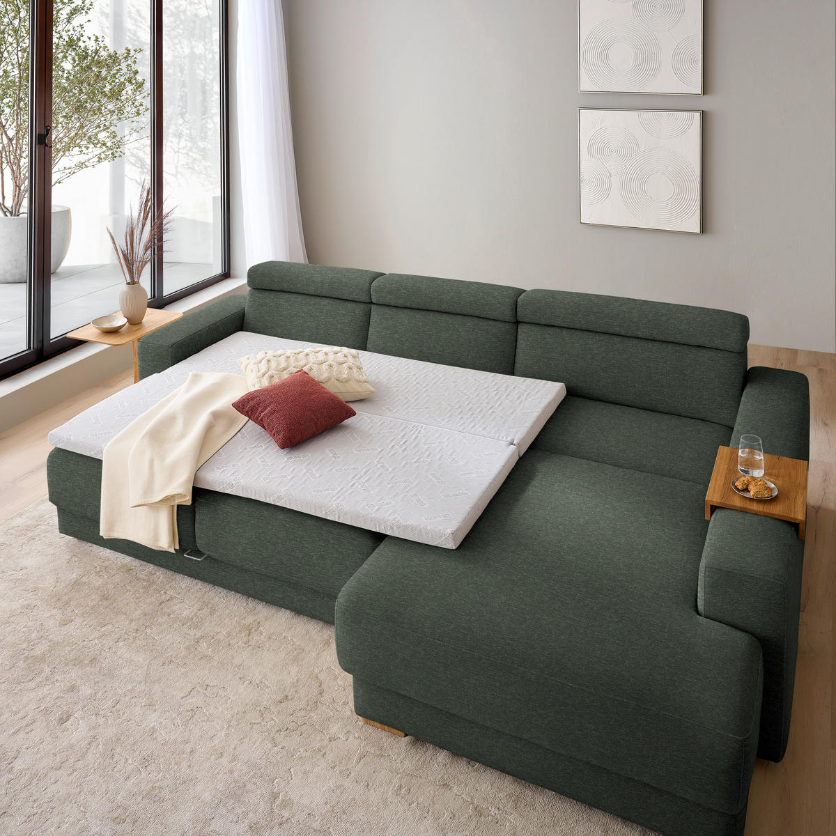 ECKSOFA  in Chenille Dunkelgrün  316/206 cm  - Dunkelgrün/Eichefarben, Design, Textil (316/206cm) - Sedda