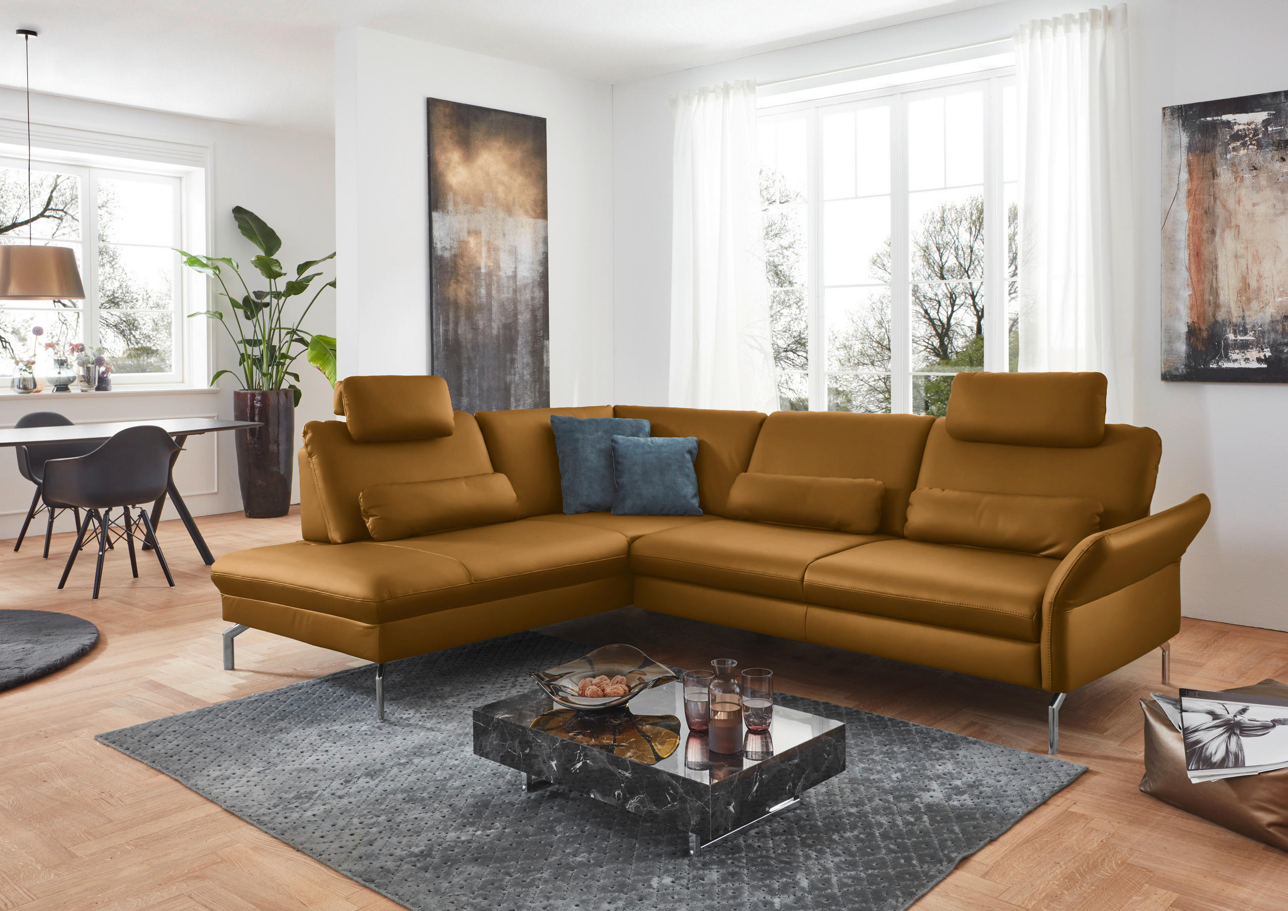 ECKSOFA in Echtleder Senfgelb  - Senfgelb/Alufarben, Konventionell, Leder/Metall (220/284cm) - Beldomo Premium