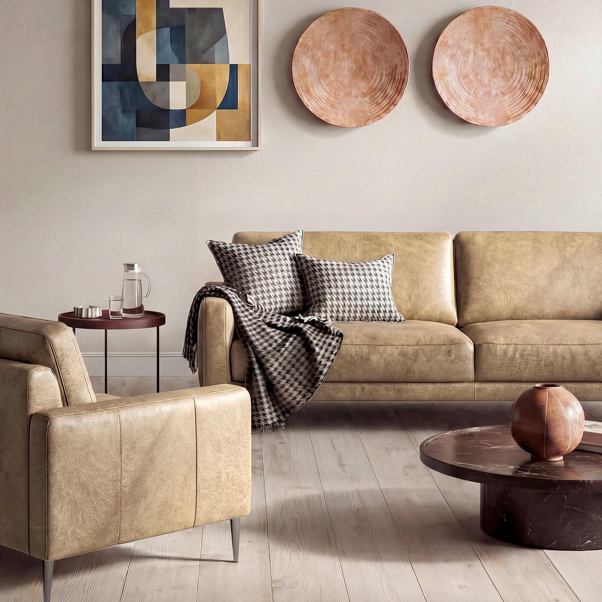 3-SITZER-SOFA SPRING in Lederlook Echtleder Beige  - Beige/Schwarzchrom, Design, Leder/Textil (187/85/92cm) - Livetastic