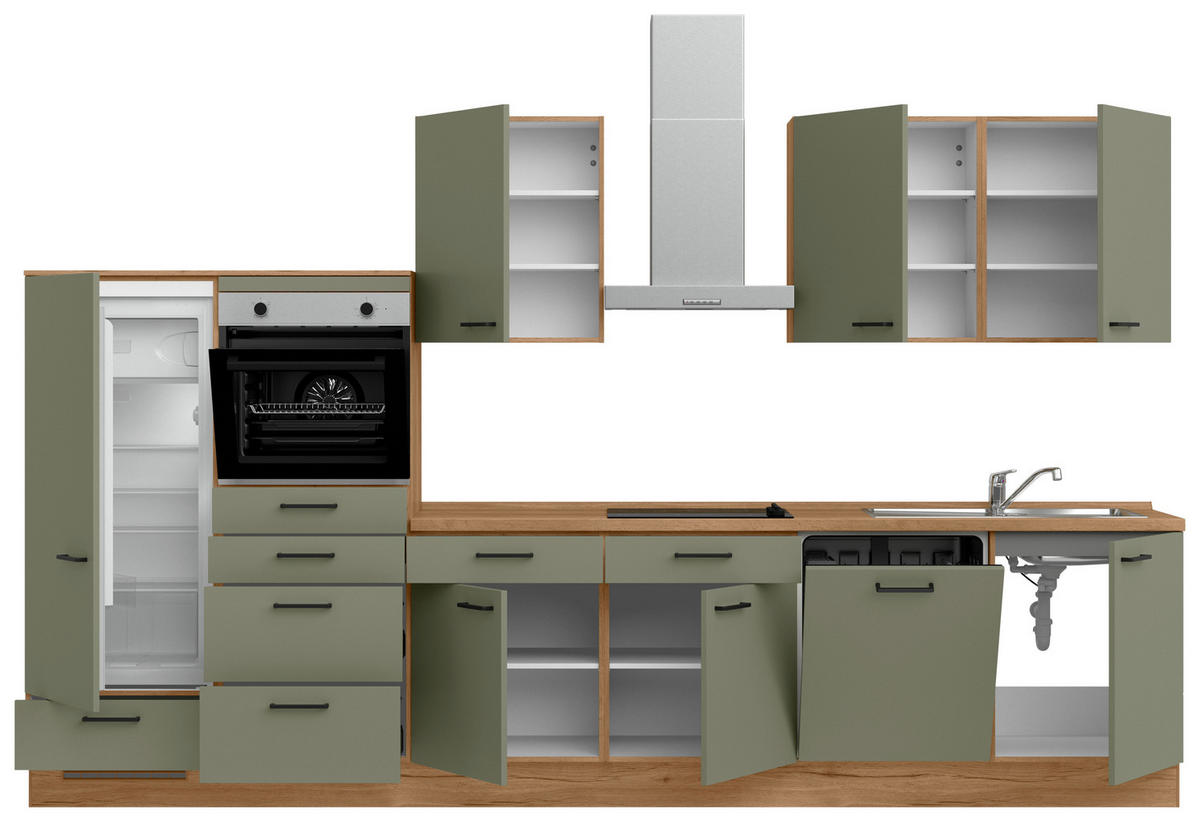 KÜCHENLEERBLOCK Senso 360 cm  in Eichefarben, Olivgrün  - Eichefarben/Schwarz, MODERN, Holzwerkstoff/Metall (360cm) - Nobilia