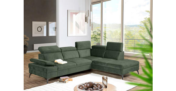 ECKSOFA Dunkelgrün Flachgewebe Rücken echt, Kopfteilverstellung, Sitzvorzug  - Dunkelgrün/Schwarz, MODERN, Textil/Metall (258/210cm) - Landscape