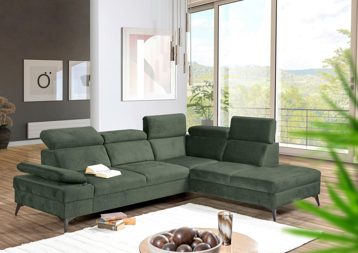 ECKSOFA Dunkelgrün Flachgewebe Rücken echt, Kopfteilverstellung, Sitzvorzug  - Dunkelgrün/Schwarz, MODERN, Textil/Metall (258/210cm) - Landscape