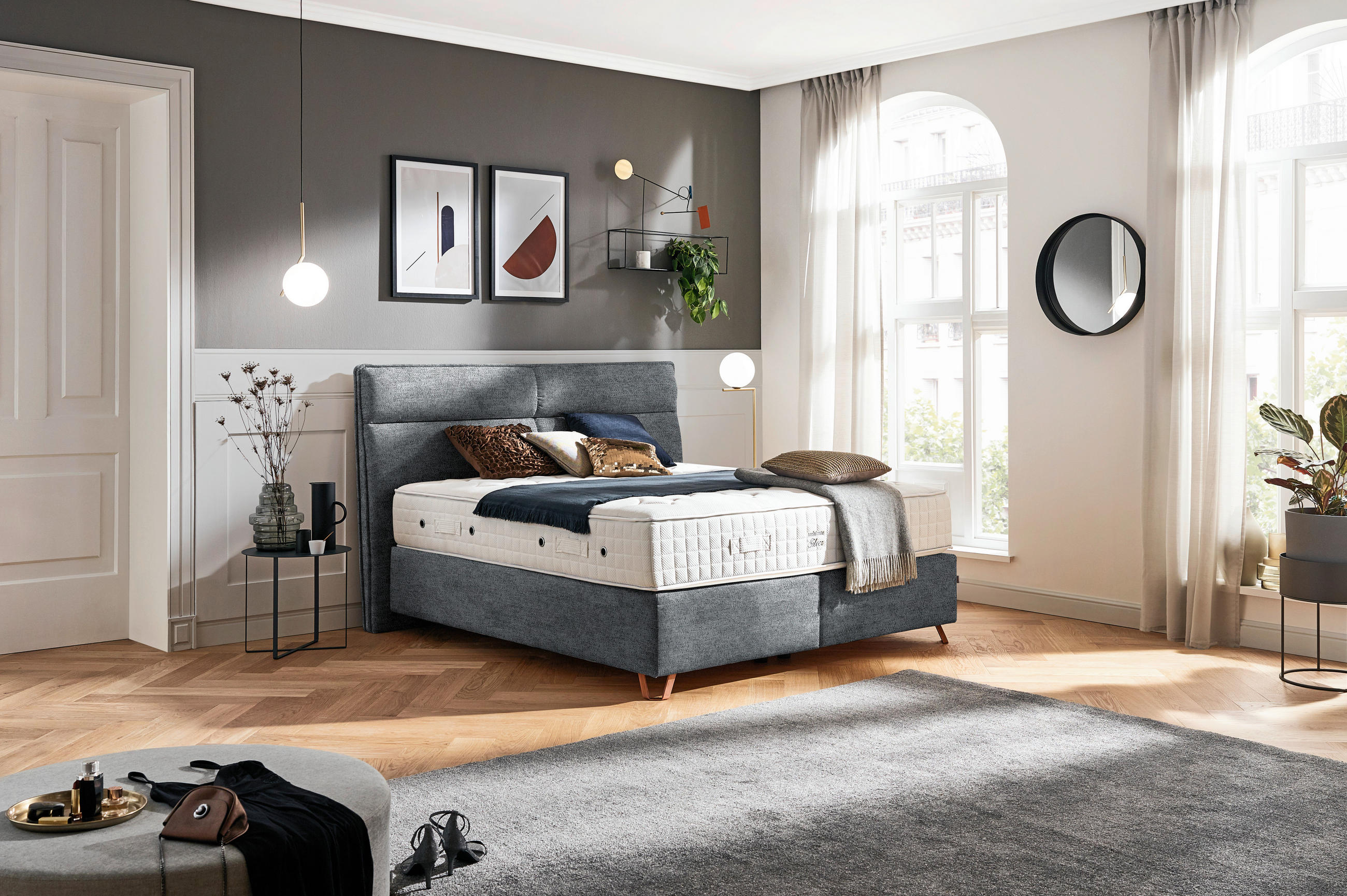 BOXSPRINGBETT 200/200 cm  in Dunkelgrau  - Dunkelgrau/Kupferfarben, Konventionell, Textil/Metall (200/200cm) - Ambiente